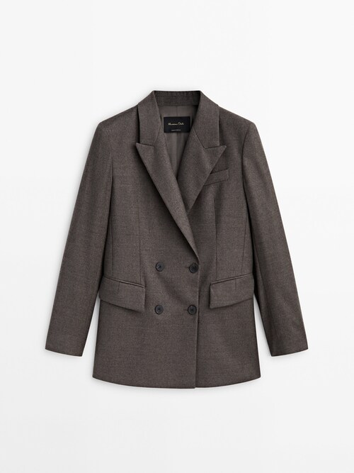 Slim Solid Black Wool-blend Double Breasted Suit Jacket