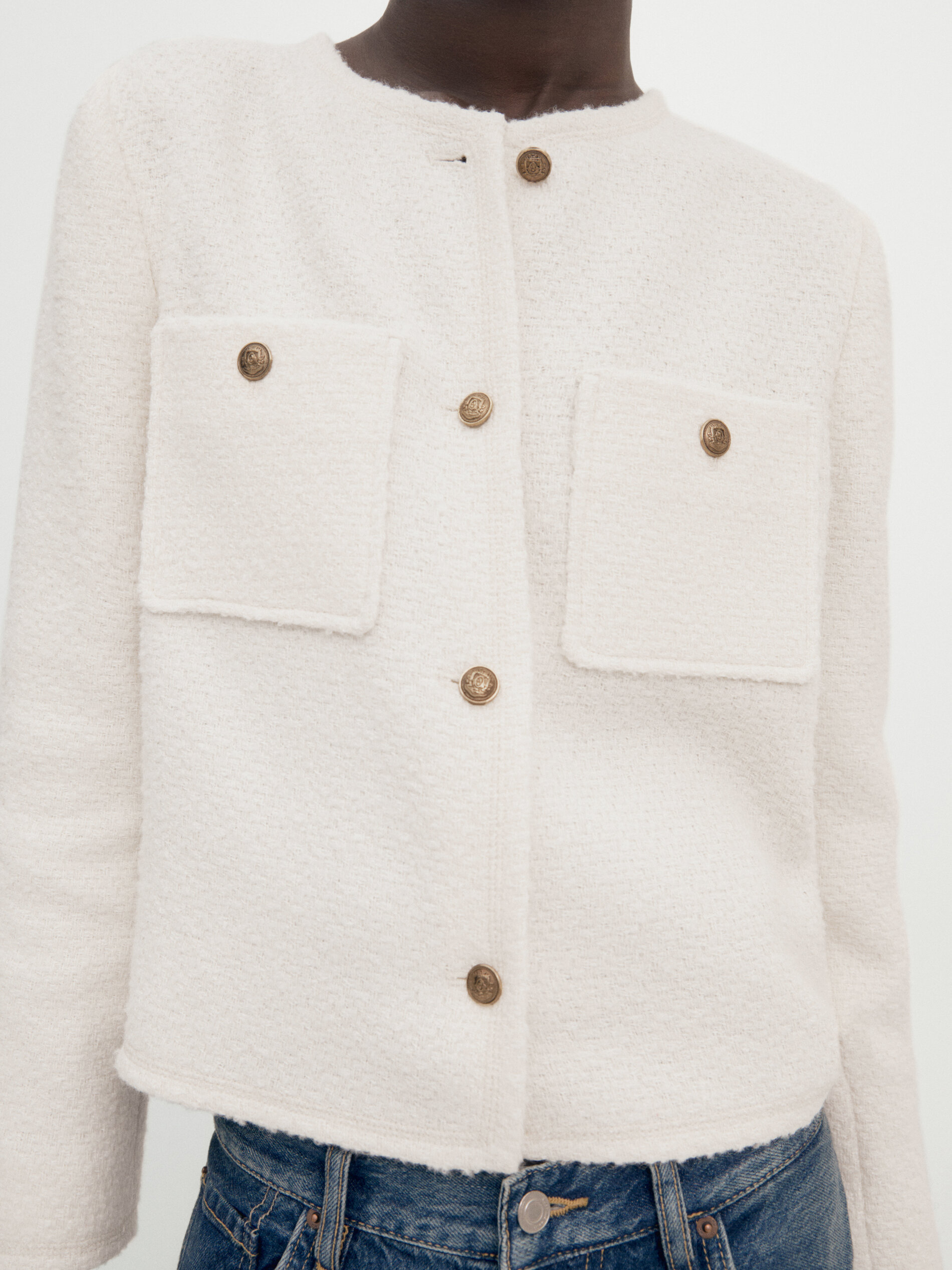 Textured cropped jacket with golden buttons Cream Dressy