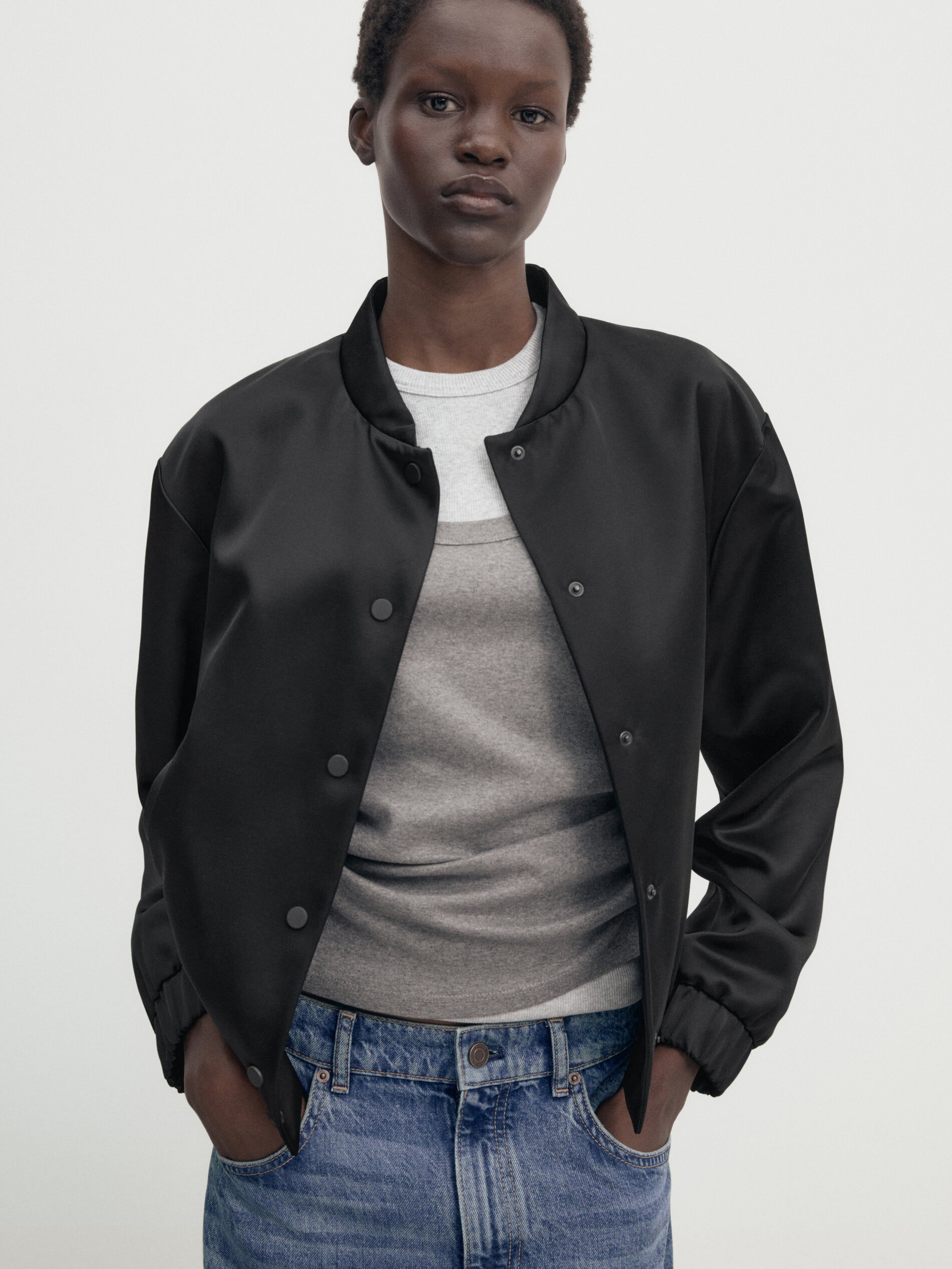 Mens black satin bomber jacket top