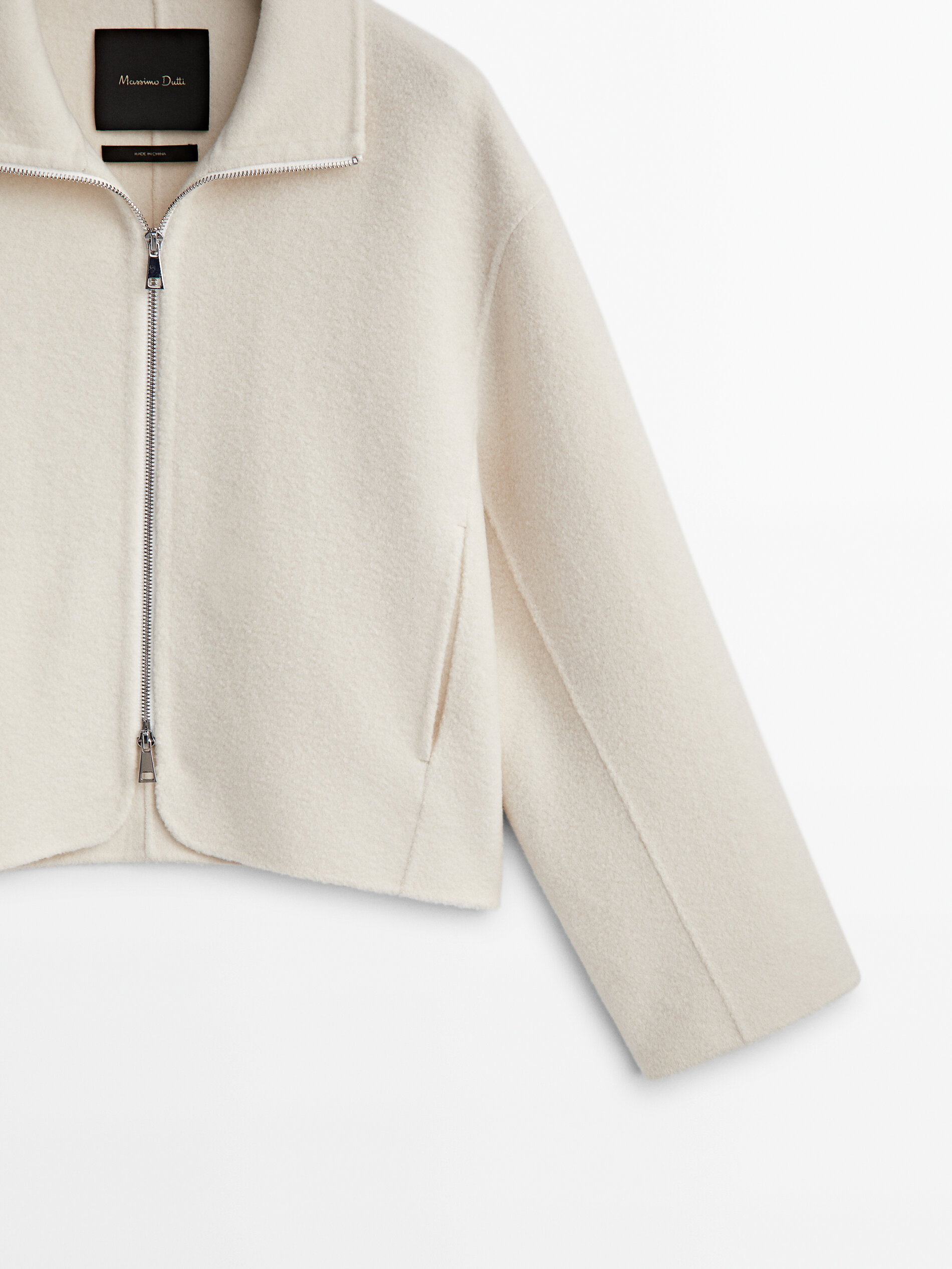 100 wool short jacket with zip Cream Dressy Massimo Dutti