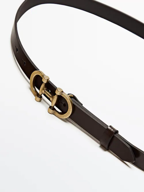 Leather Belt With Gold-Toned Buckle - Brown - M / 85cm - Massimo Dutti - Women