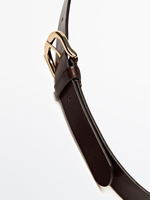 Leather Belt With Gold-Toned Buckle - Brown - M / 85cm - Massimo Dutti - Women