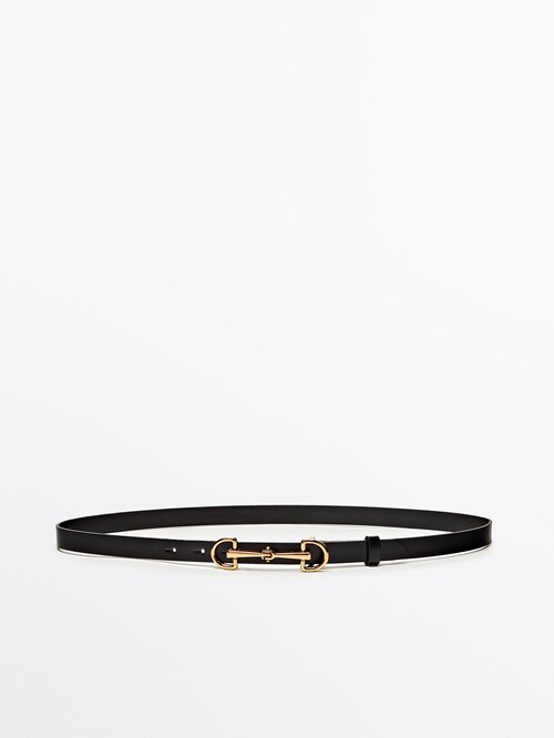 Leather belt with double long buckle · Black · Accessories