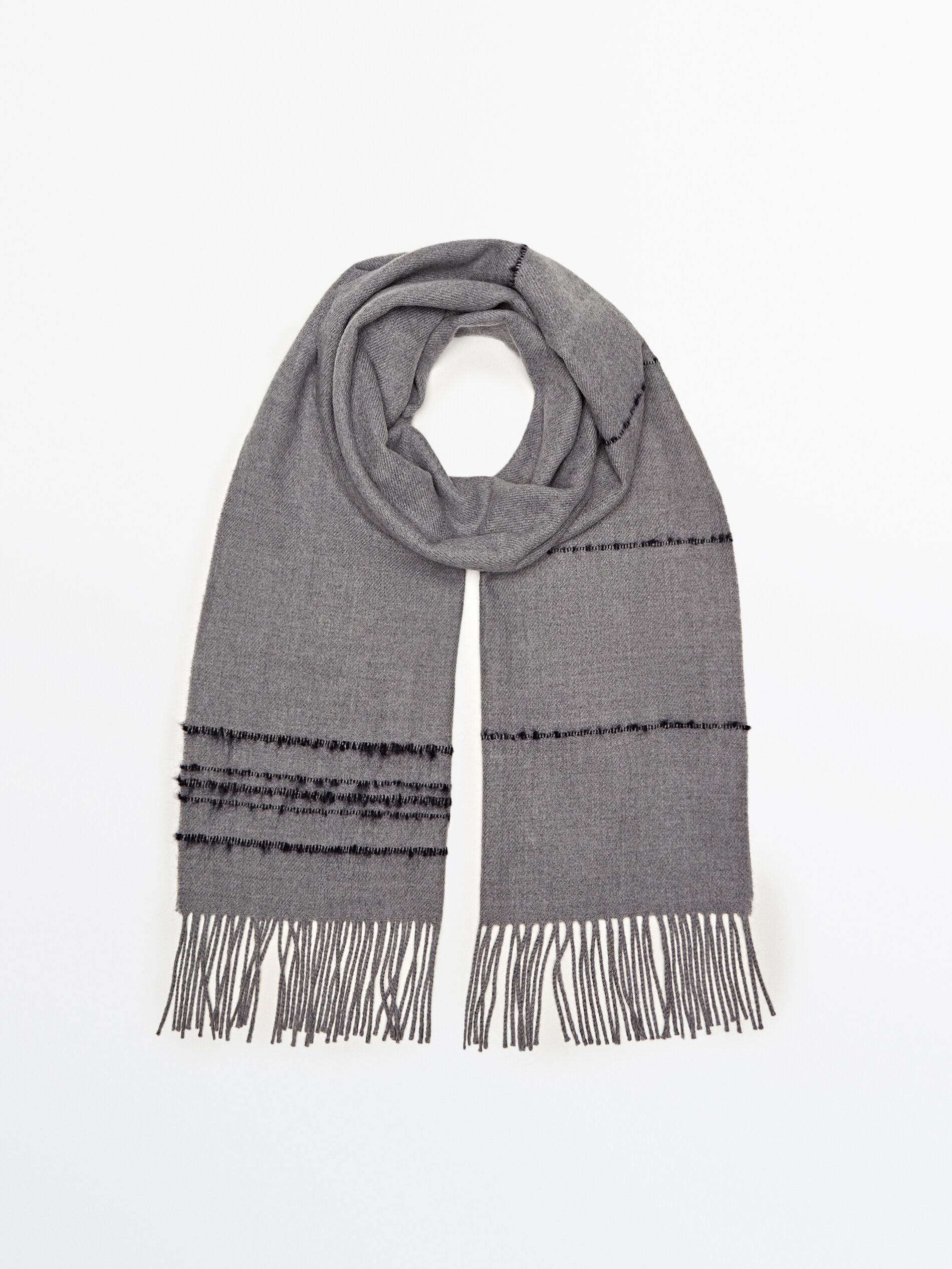 Fringed wool blend scarf with stripe detail Bluish Grey