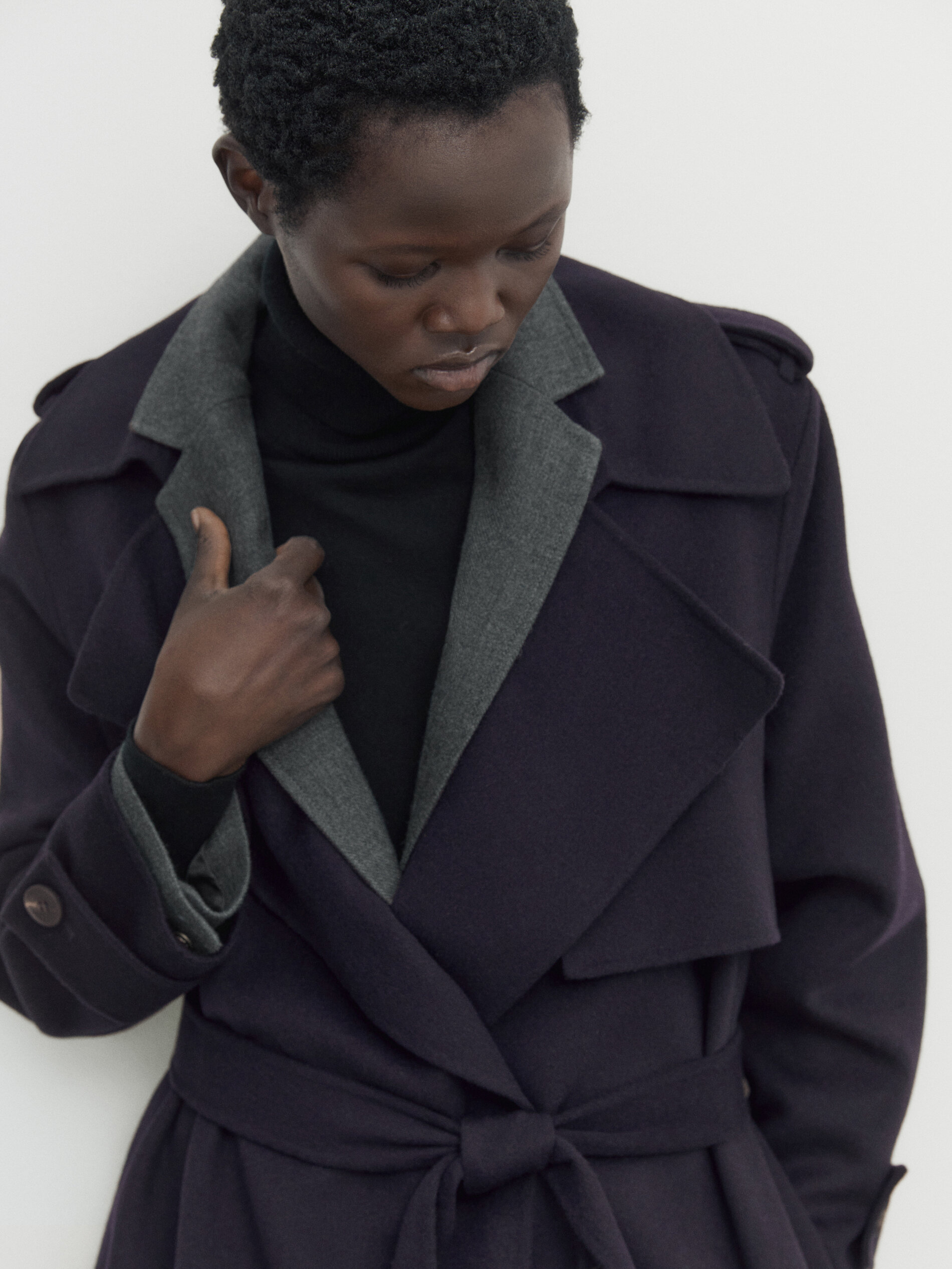 Long trench effect wool blend coat