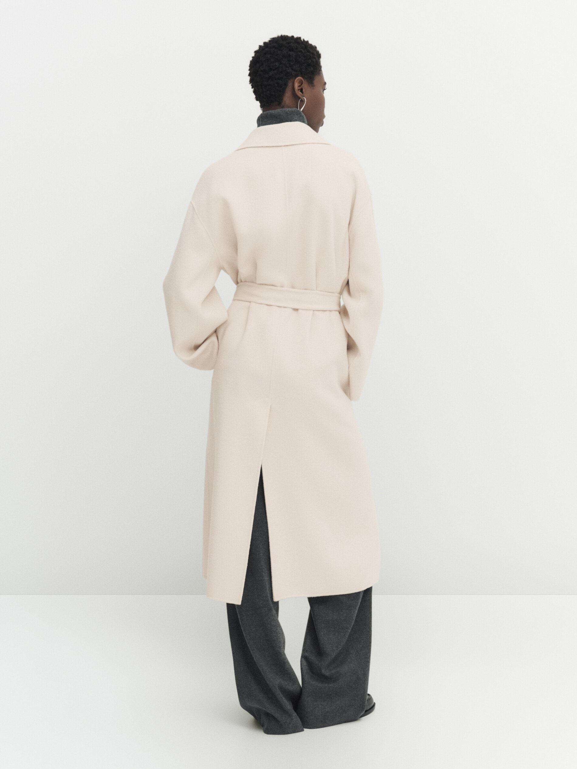 Cream belted top wool coat