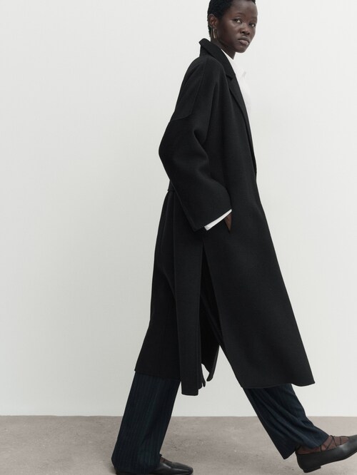 Relaxed wool blend robe coat with belt · Black · Coats And Jackets