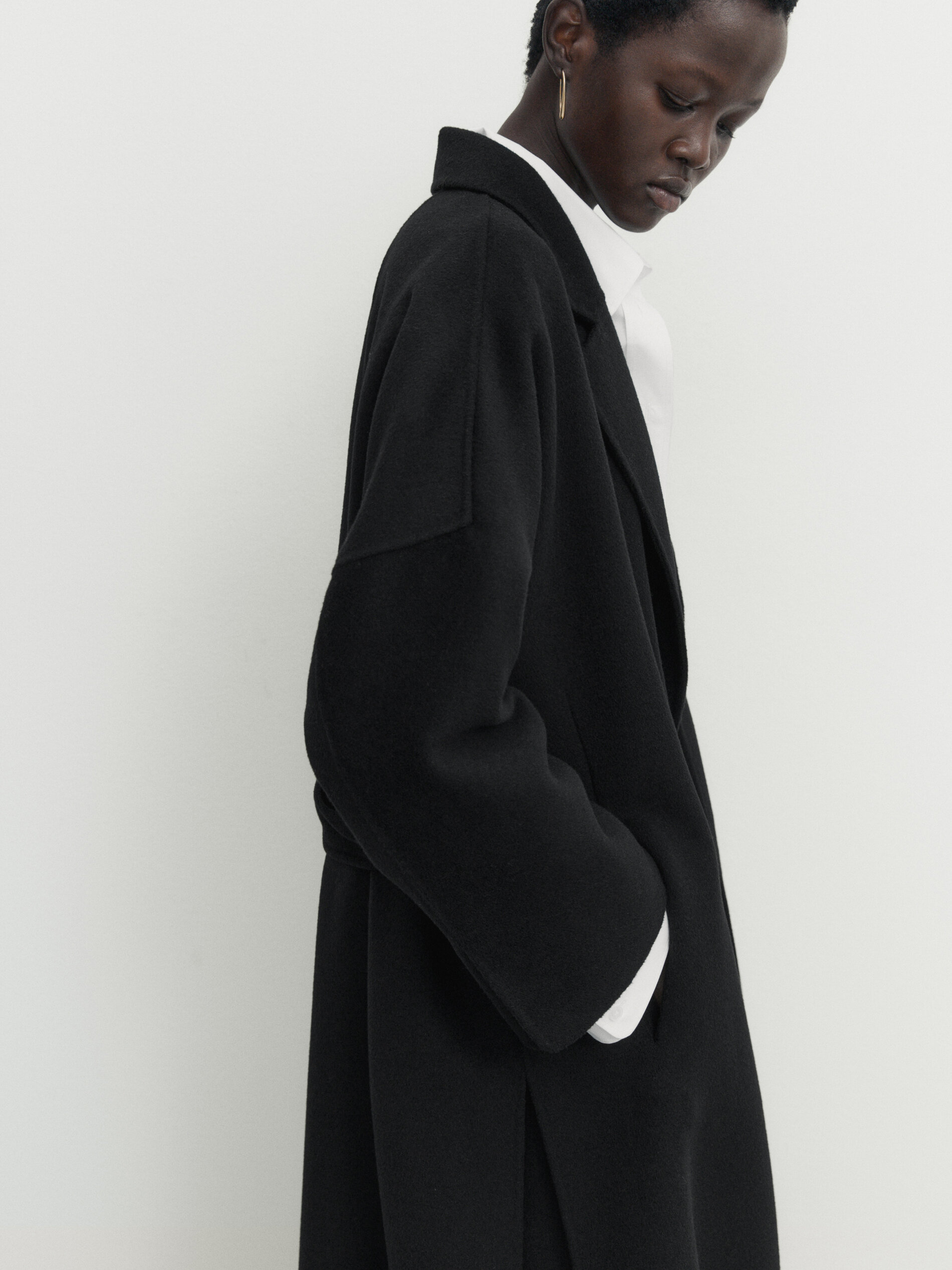 Relaxed wool blend robe coat with belt Black Coats And Jackets