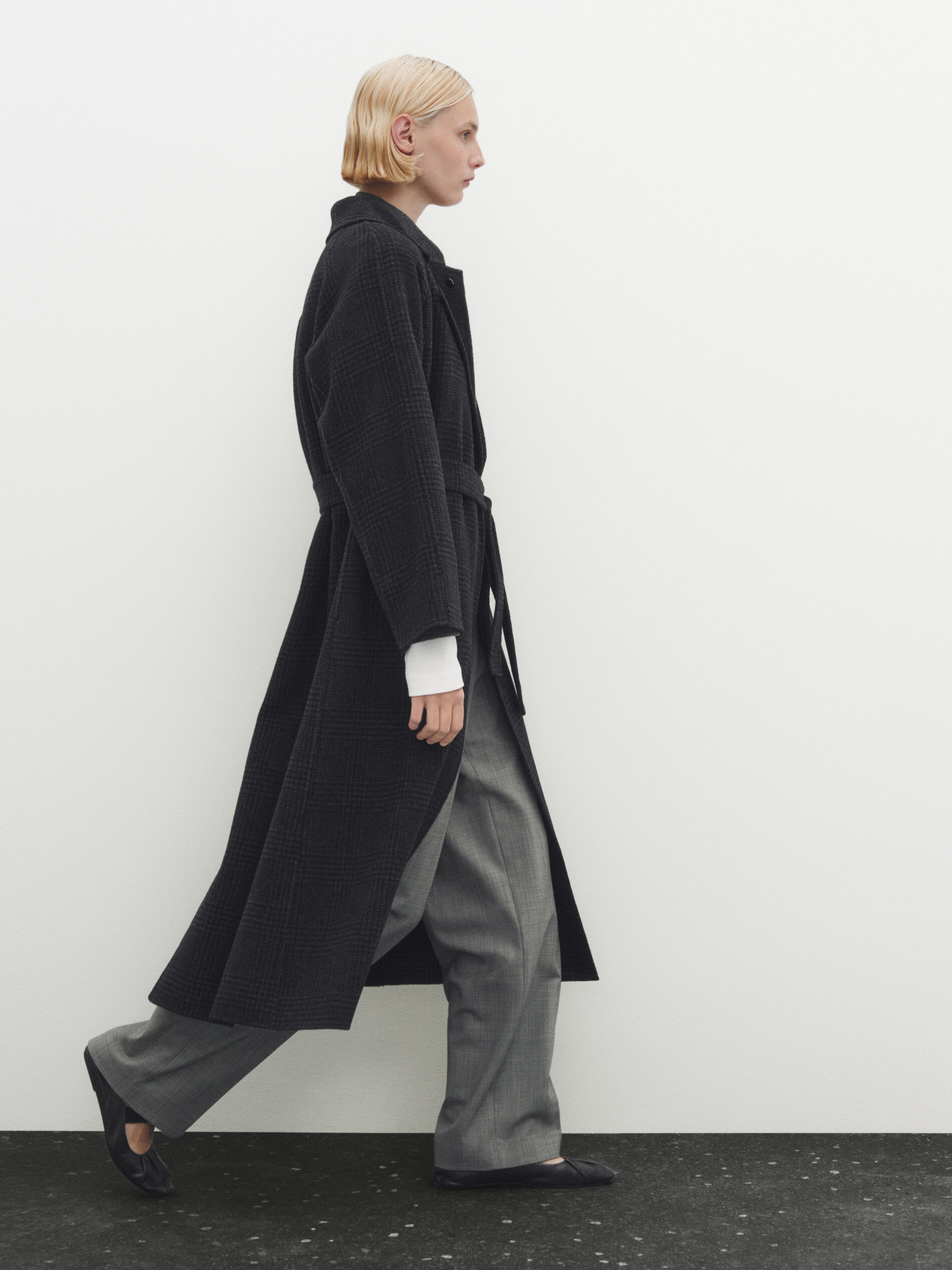 Abrigo largo bat n mezcla lana cuadros Gris Oscuro Massimo Dutti