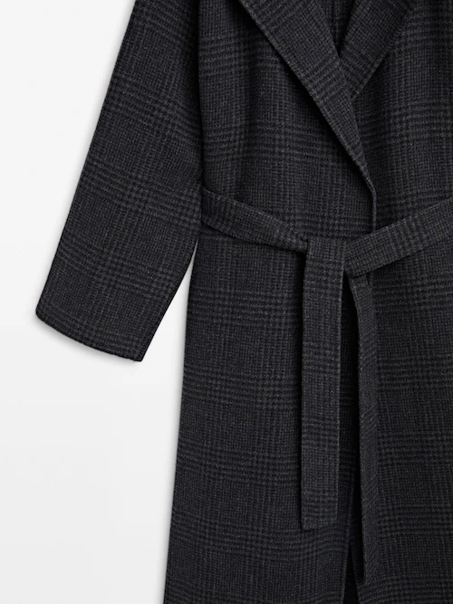 Massimo Dutti - - Long Wool Blend Check Robe Coat - Dark Grey - L