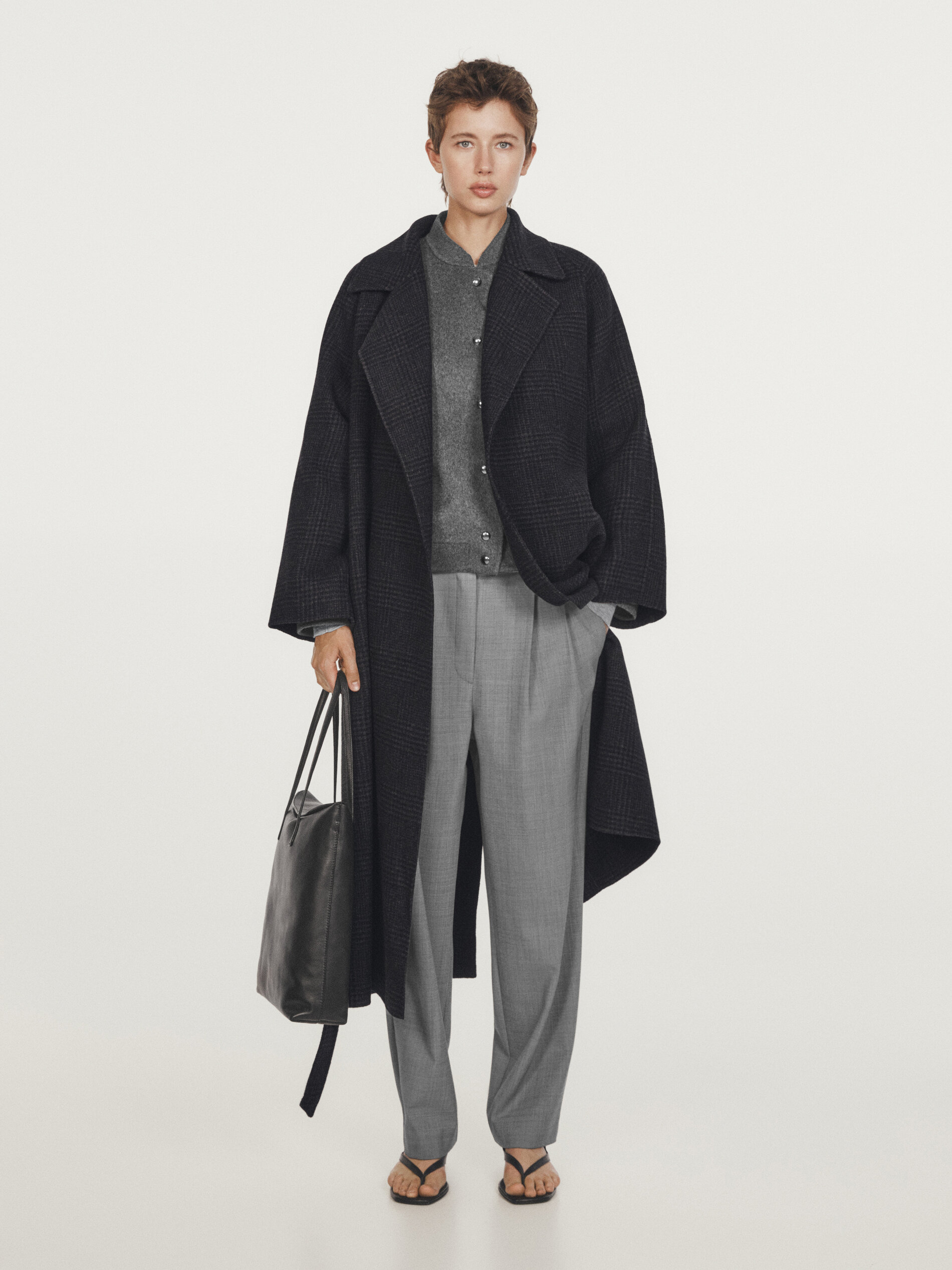 Long wool blend check robe coat Dark Grey Coats And Jackets