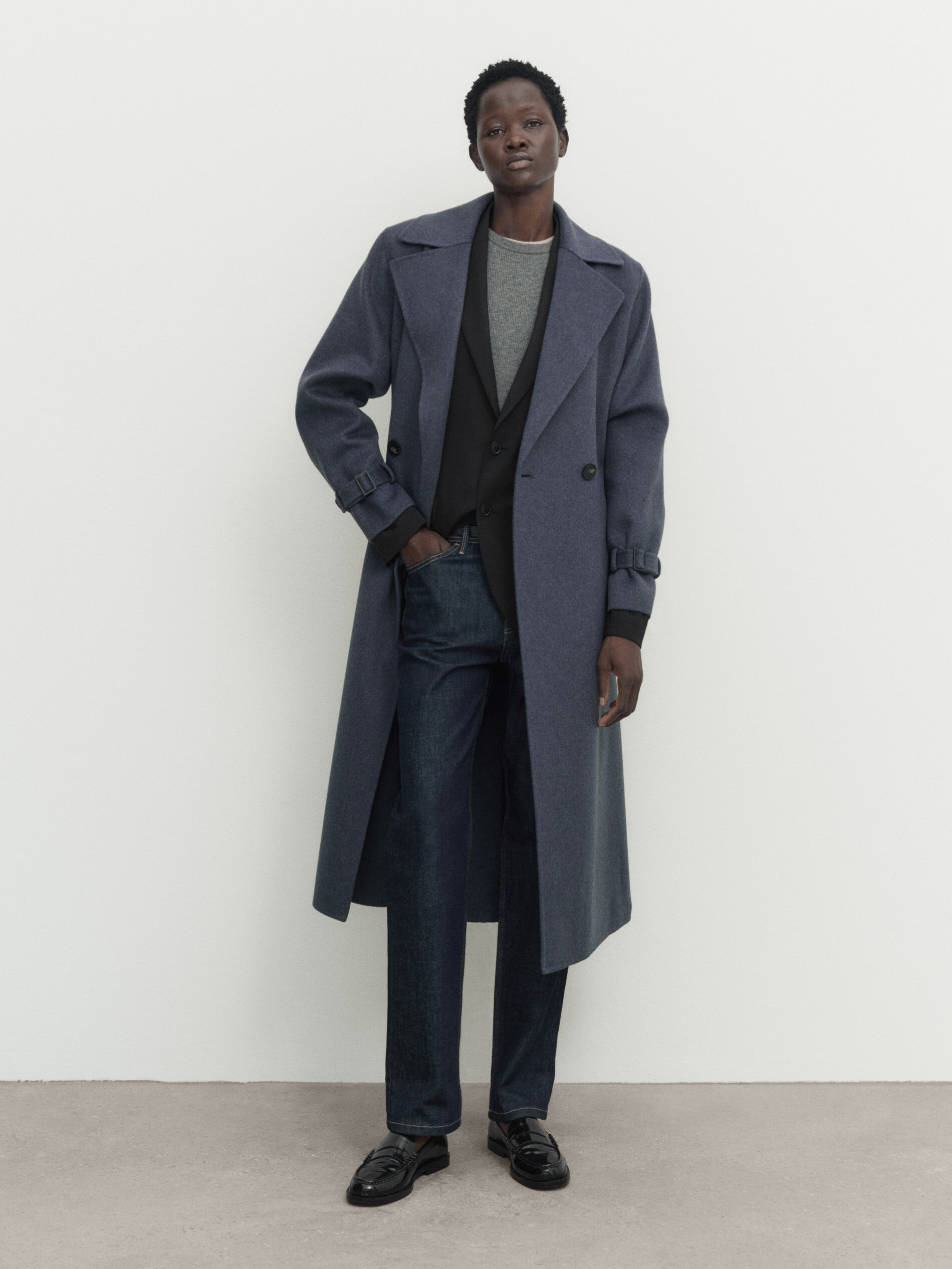 Double buttoned wool blend robe coat