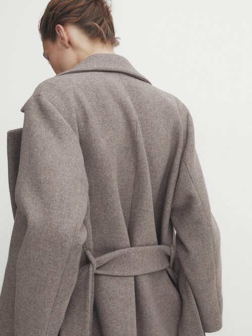 Massimo Dutti - - Flecked Wool Blend Robe Coat with Belt - Mink - Xs