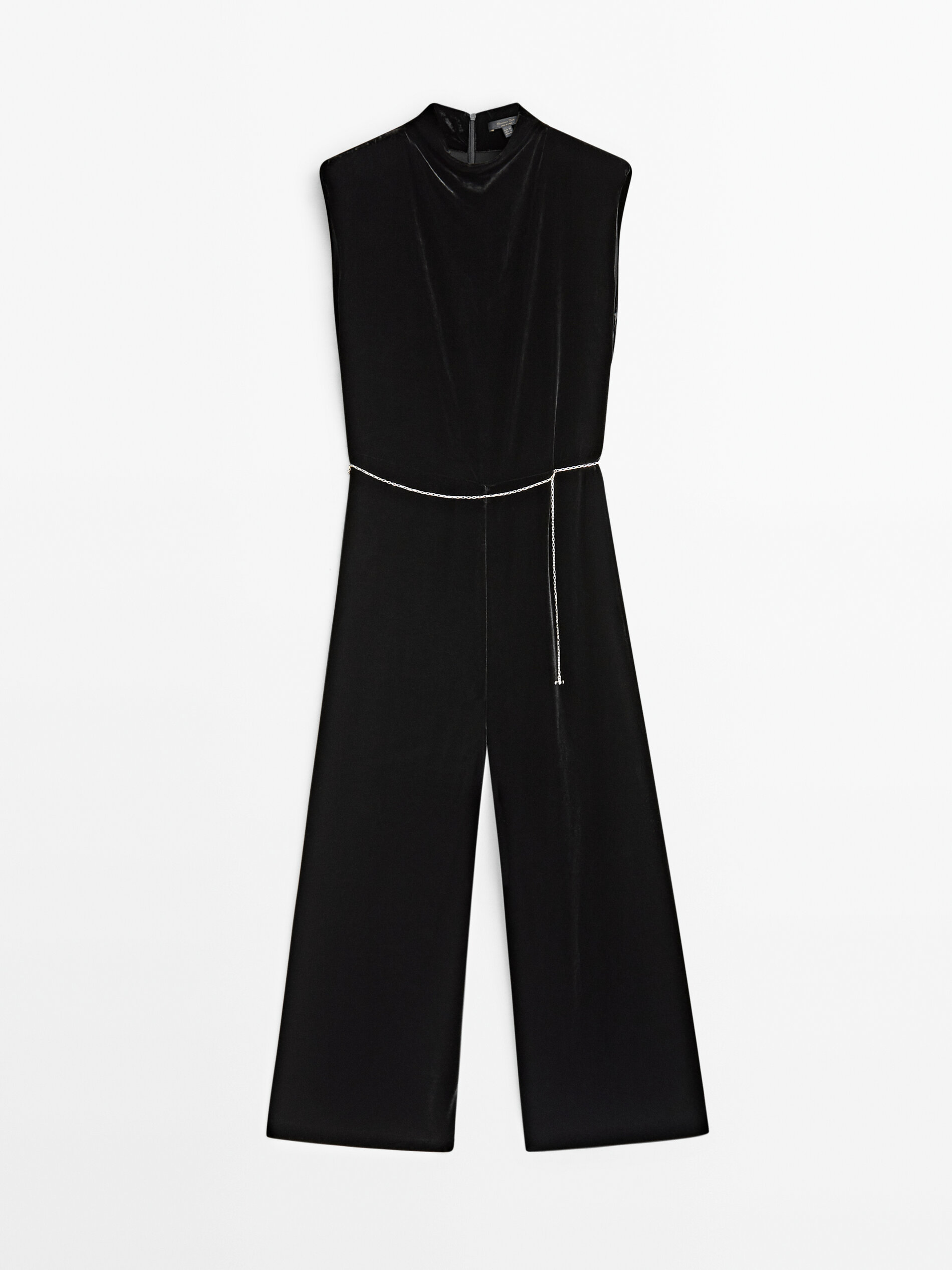 Velvet jumpsuit with chain detail and belt Black Smart