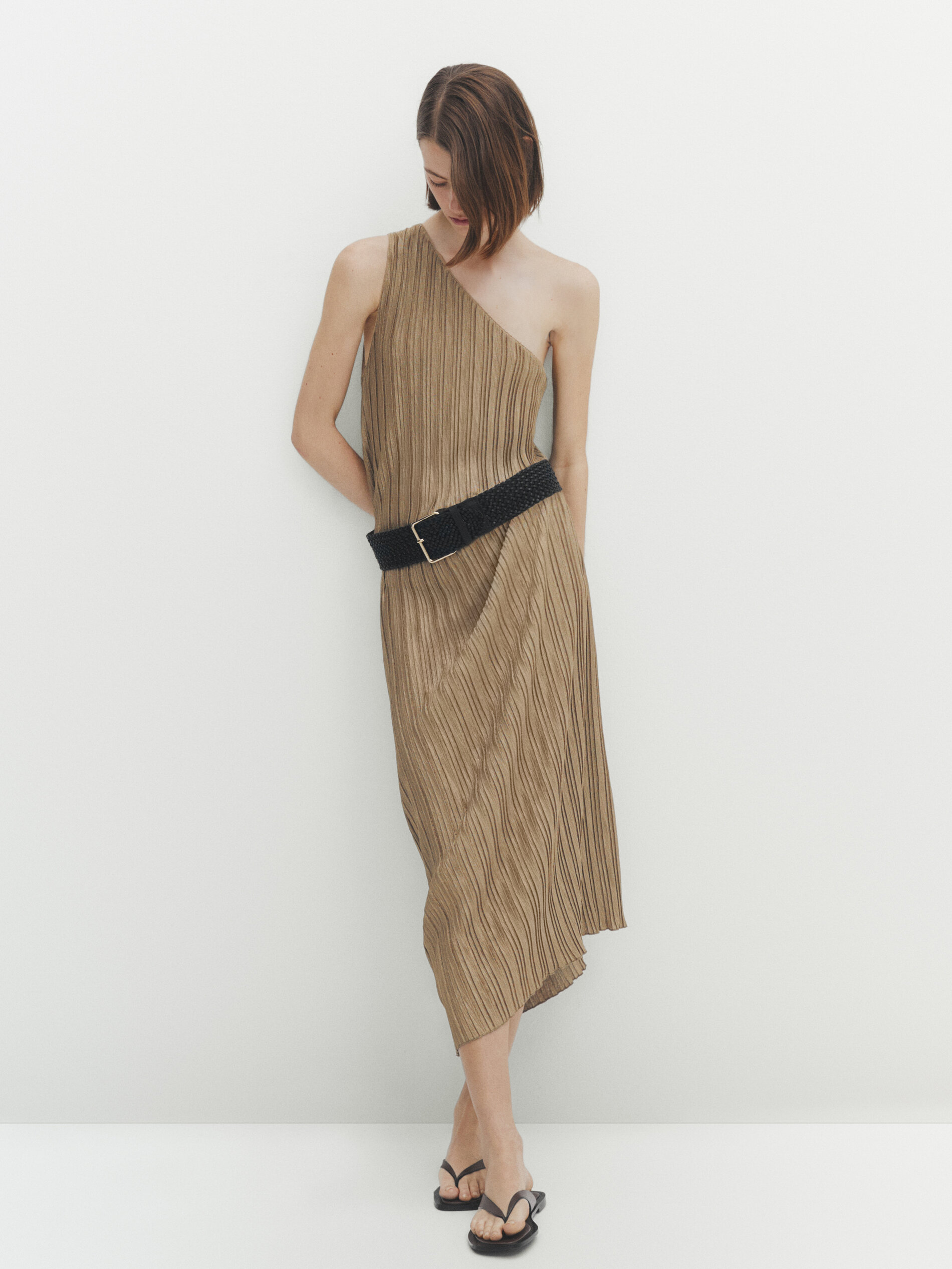 Asymmetric pleated midi dress · Pale Khaki · Smart / Dresses And