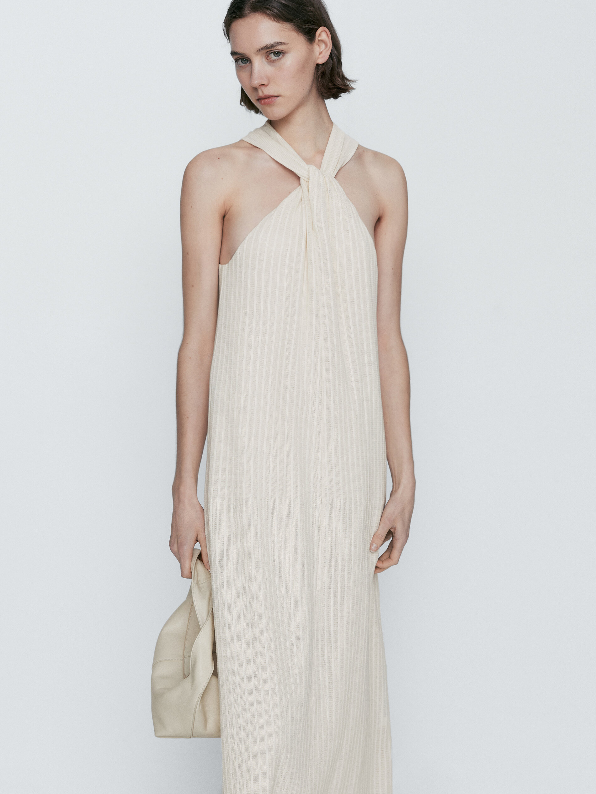 Textured dress with crossover strap Cream Smart Dresses And