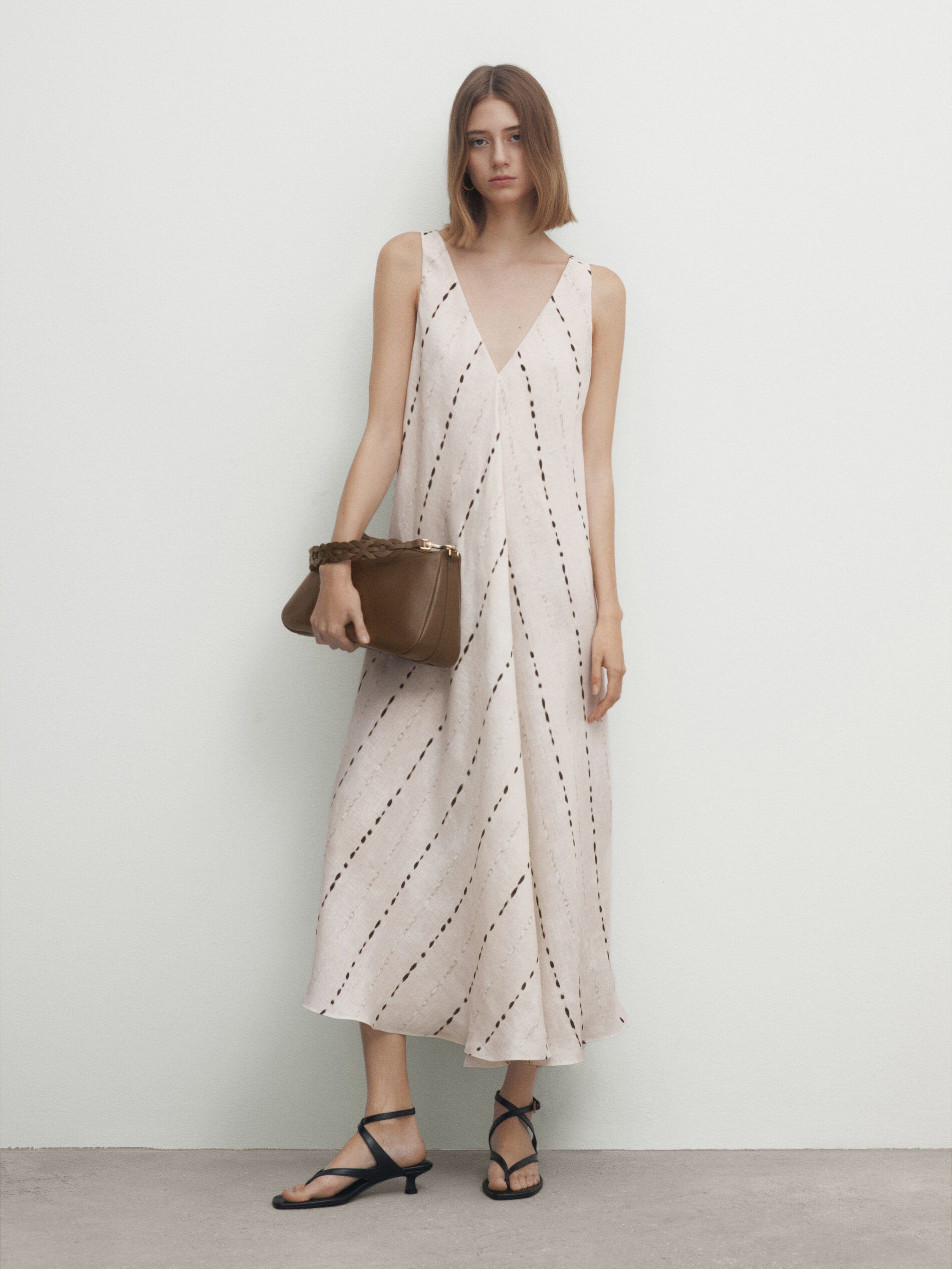Strappy linen midi dress with polka dot print White Smart