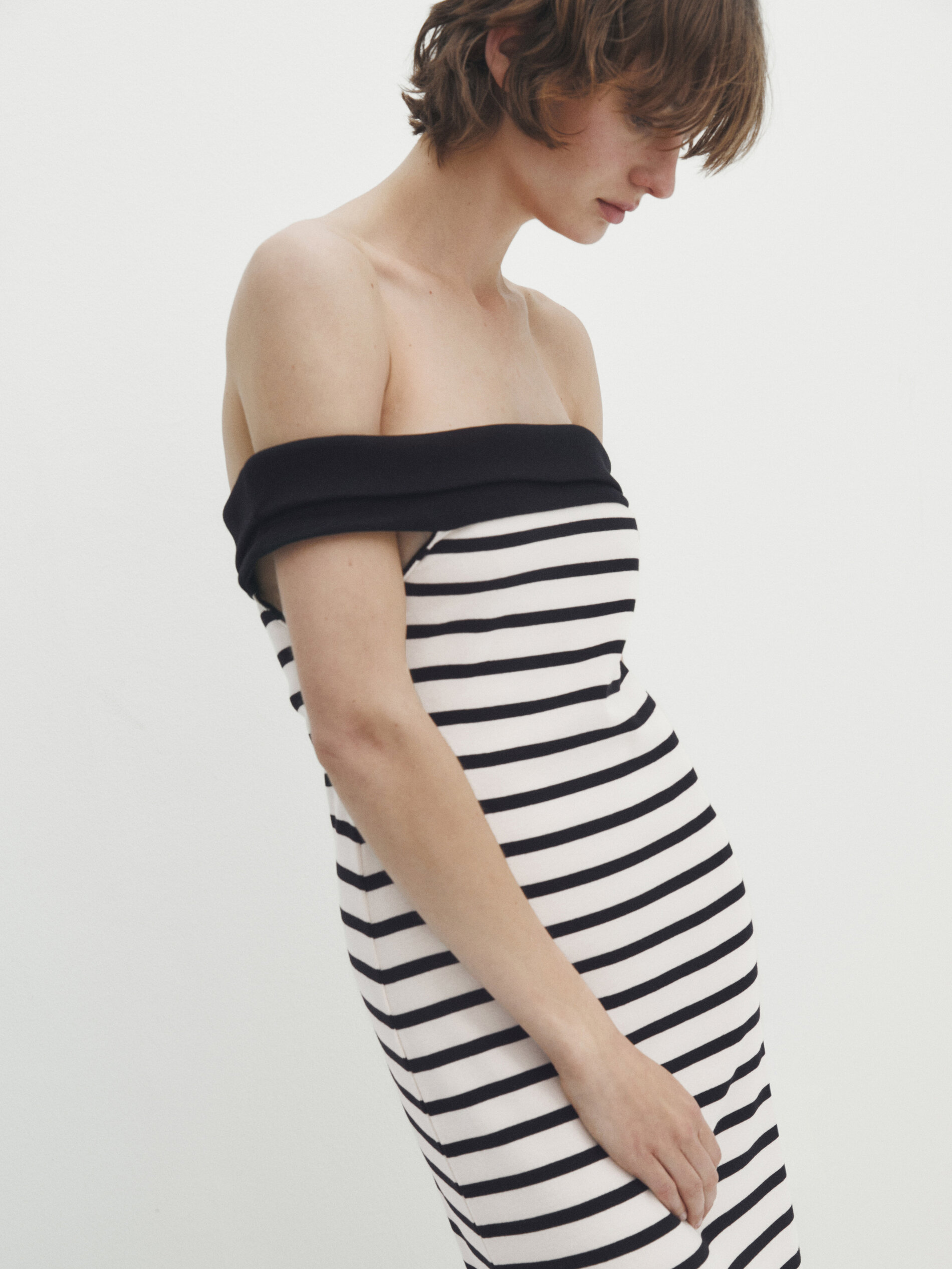 Vestido midi rayas escote barco contraste Crudo Vestir