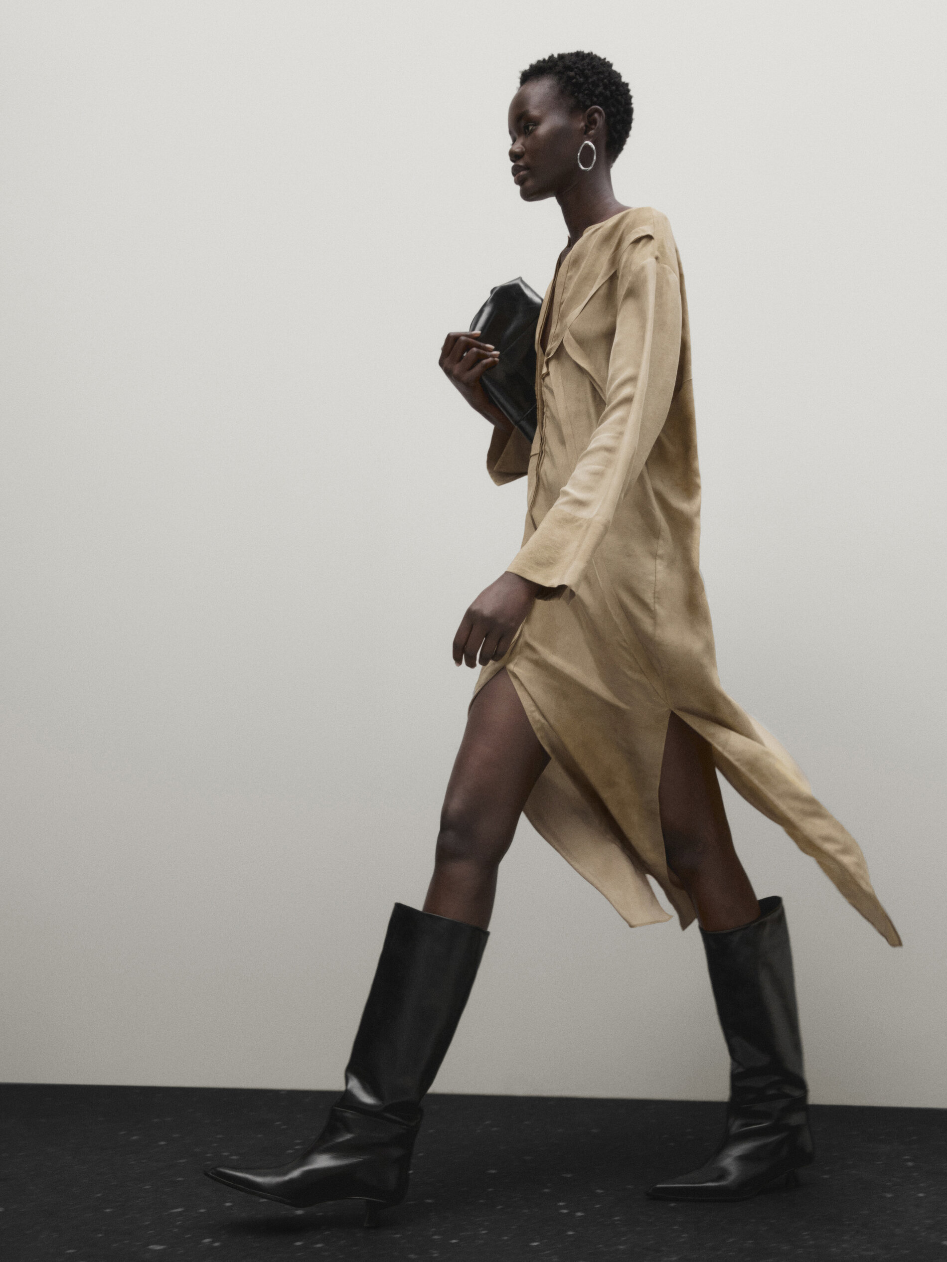 Vestito stampato di seta con cuciture Limited Edition Beige