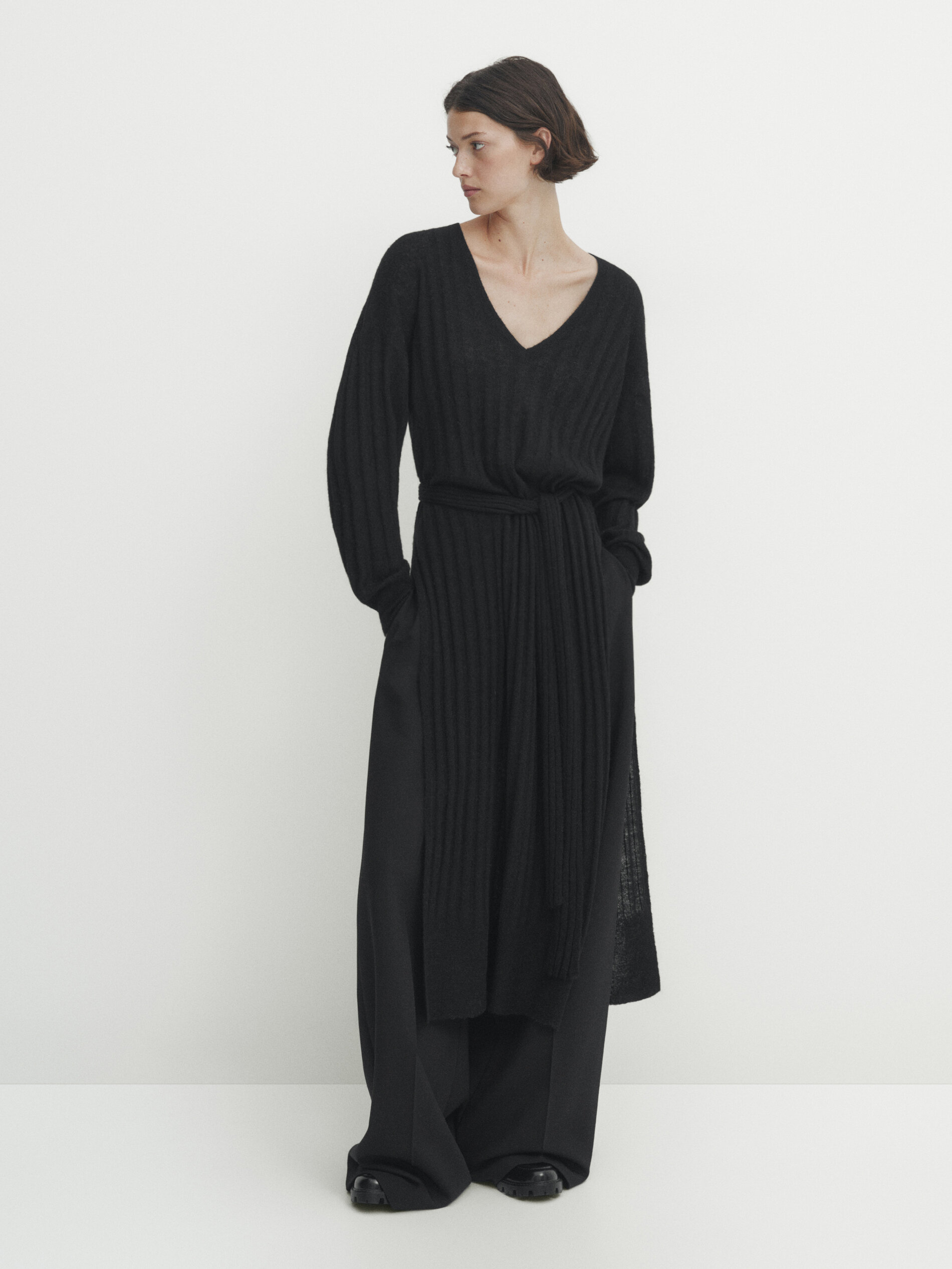 Long ribbed knit sweater with slits · Black · Smart / Dresses And