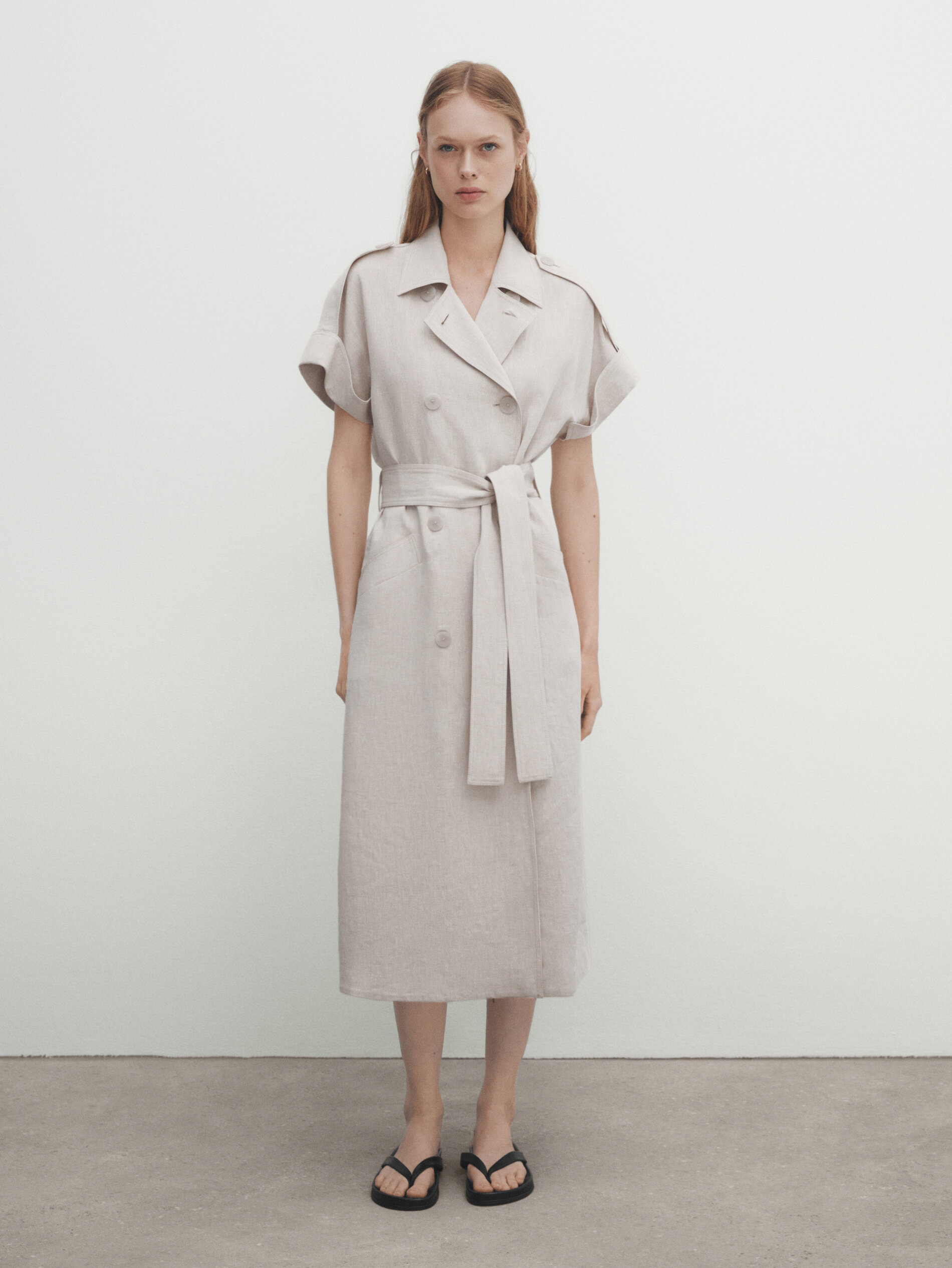 Linen blend trench coat dress with belt