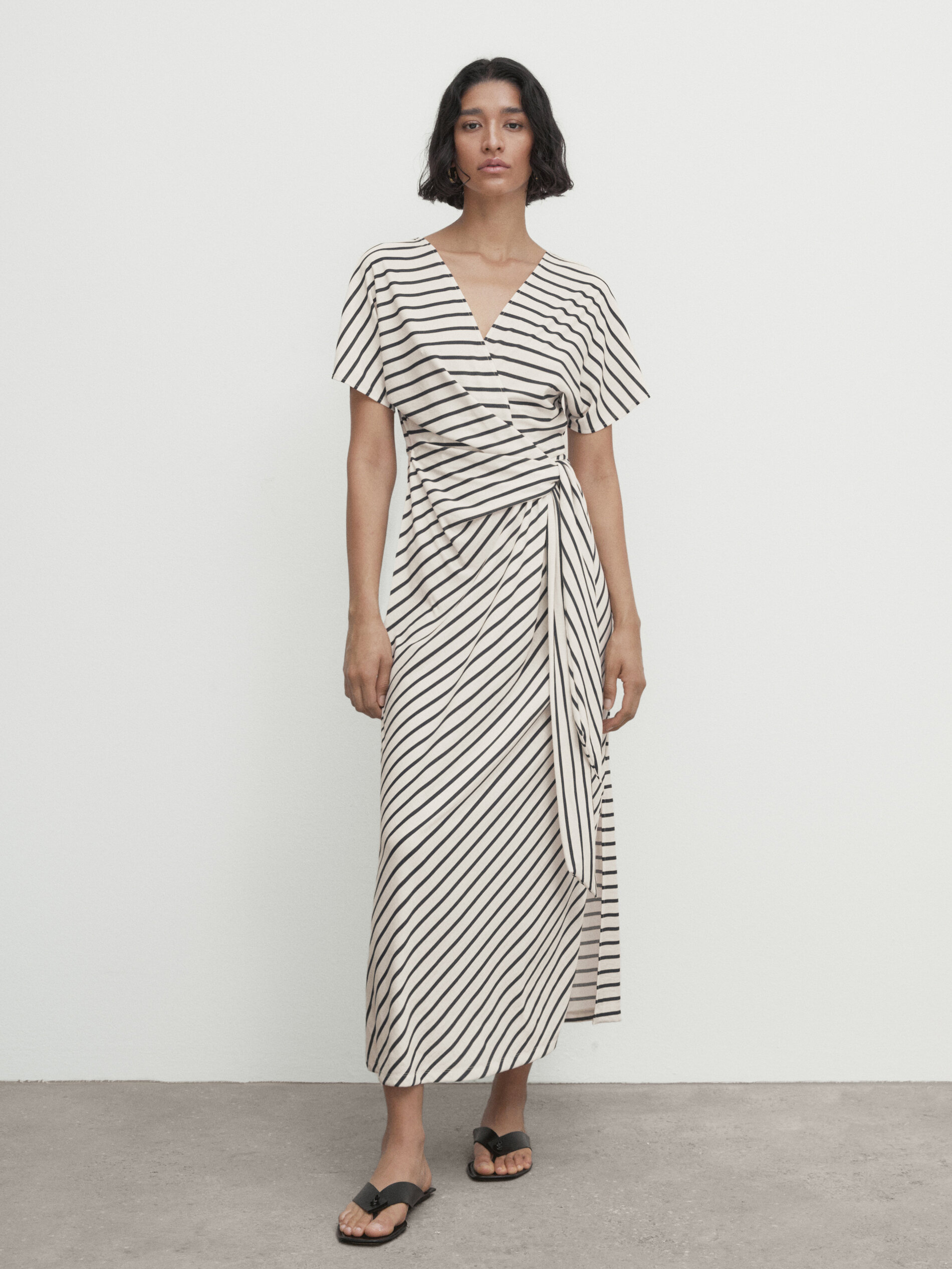 Striped wrap dress with tie