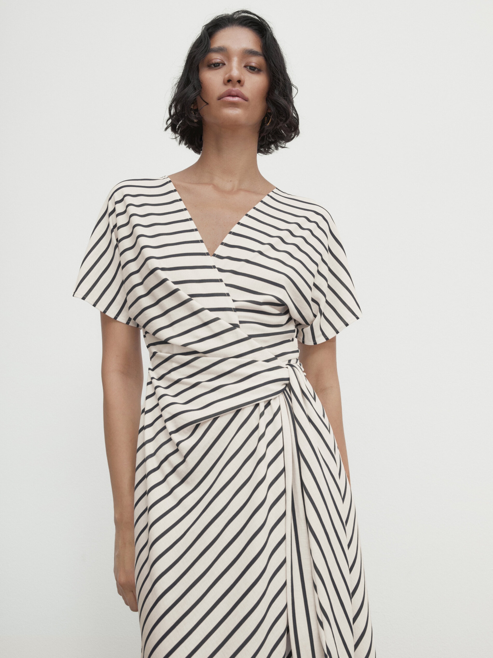 Striped wrap dress with tie Cream Smart Dresses And