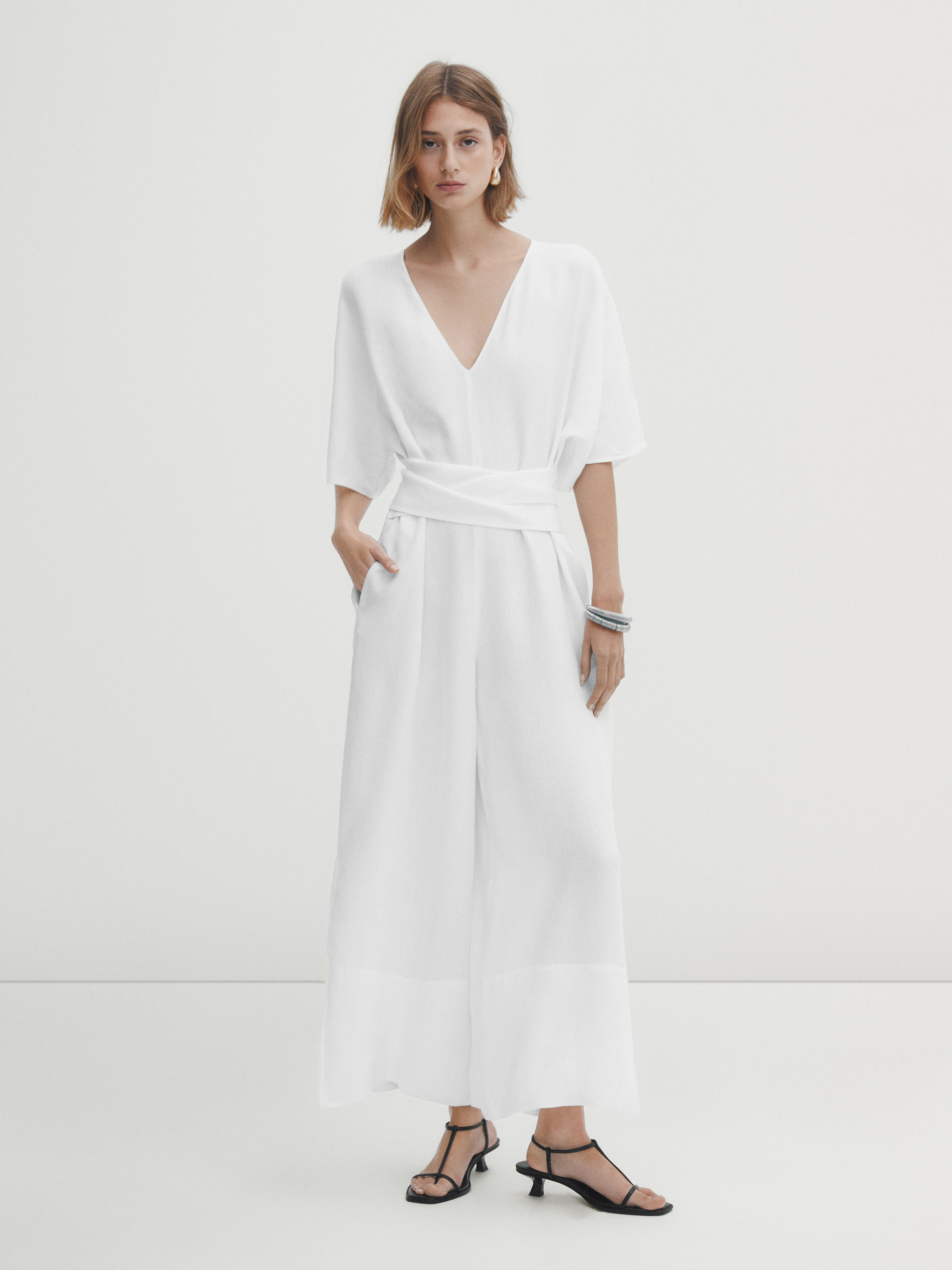 Linen blend jumpsuit with tie detail White Smart Dresses And