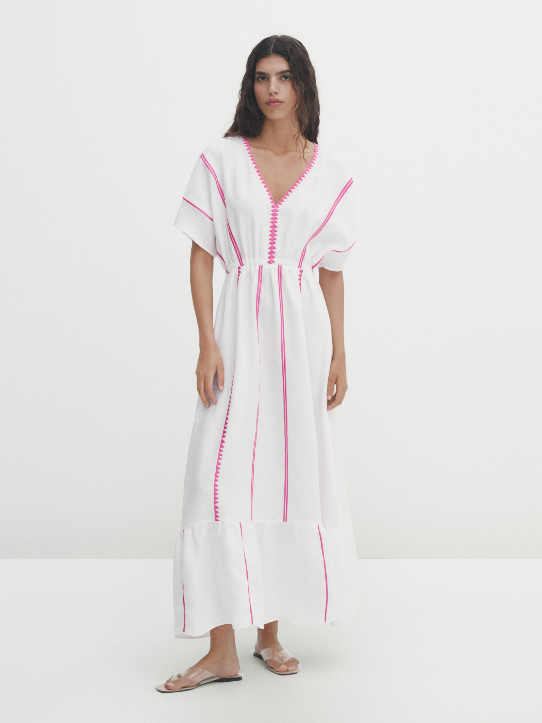 Linen blend dress with embroidered detail White Smart