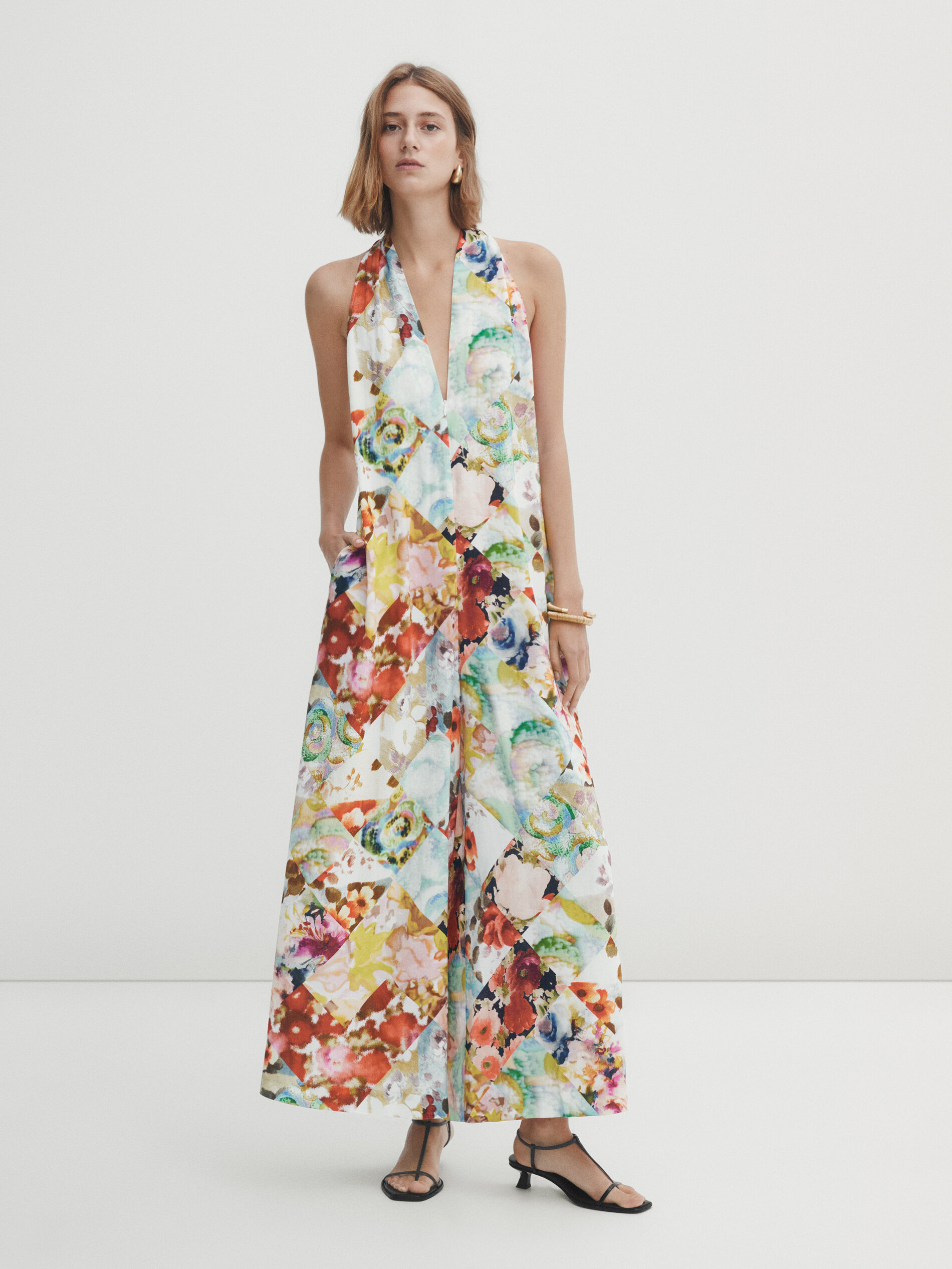 Patchwork print jumpsuit Coral Red Smart Dresses And