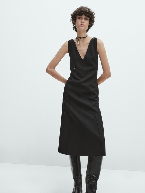 Massimo Dutti - - V-Neck Midi Dress with Straps - Black - XL