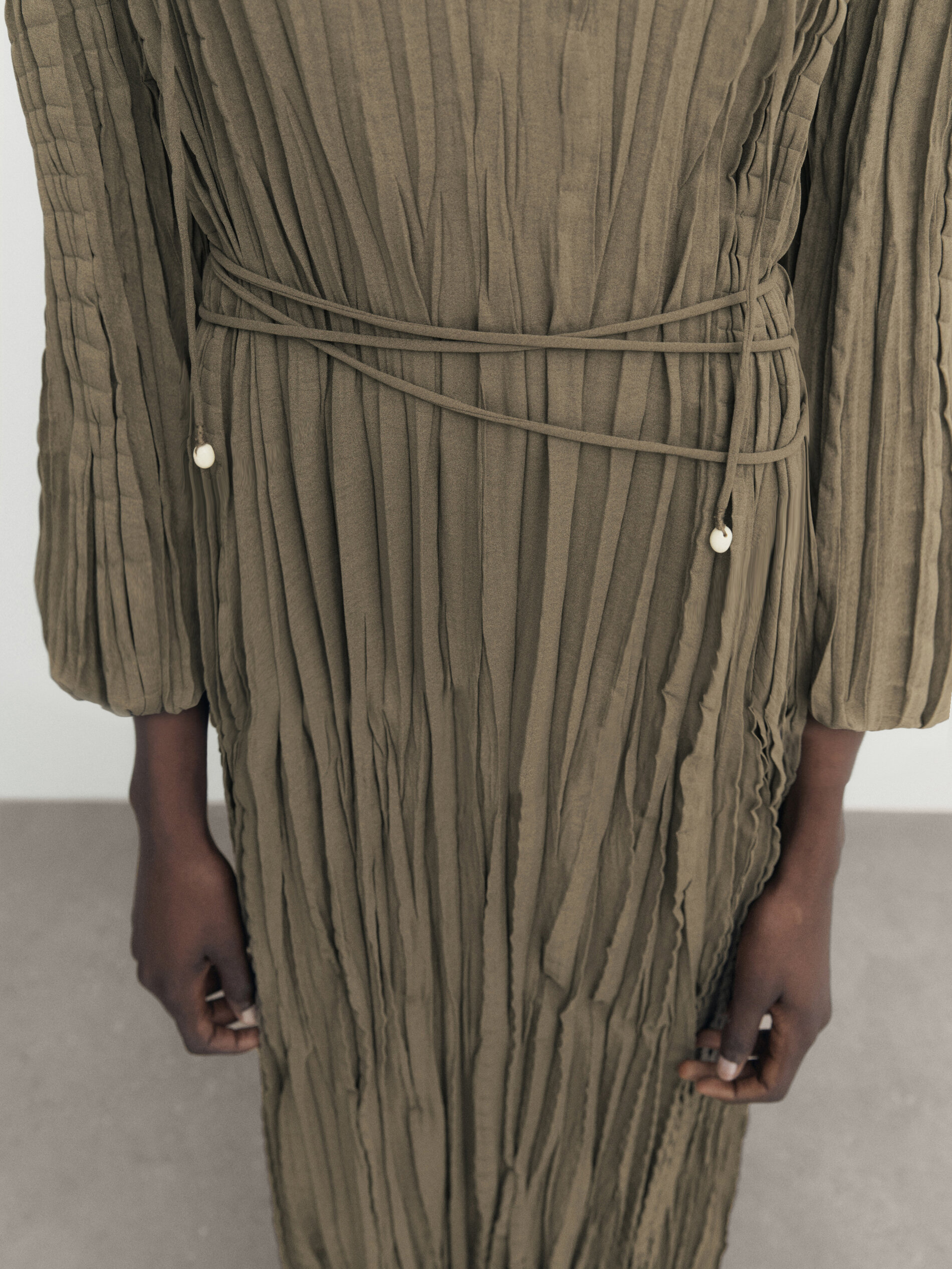 Pleated midi dress with drawstrings Khaki Olive Smart