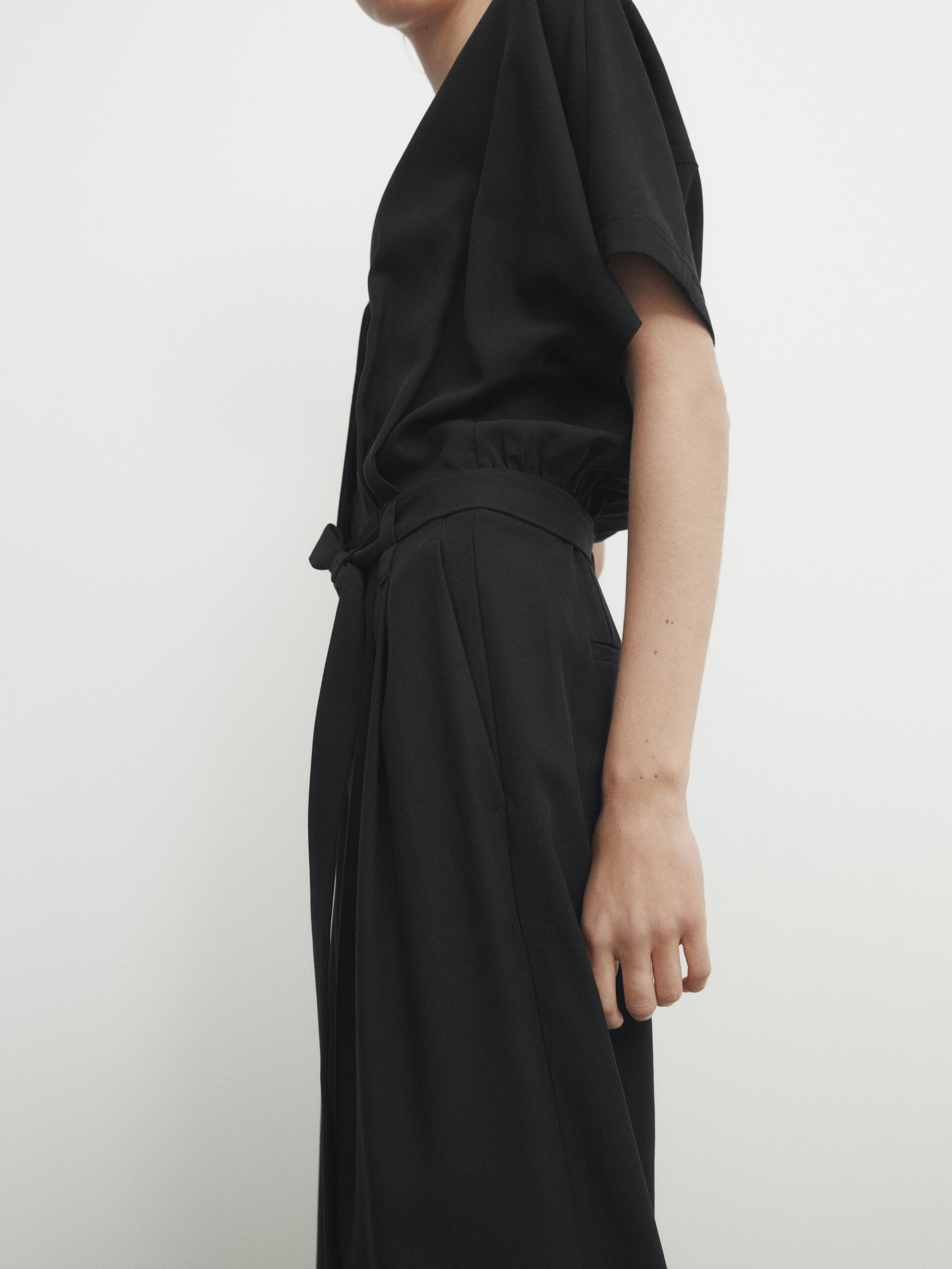 Mono fluido pinzas lazada Negro Vestir Vestidos Y Monos