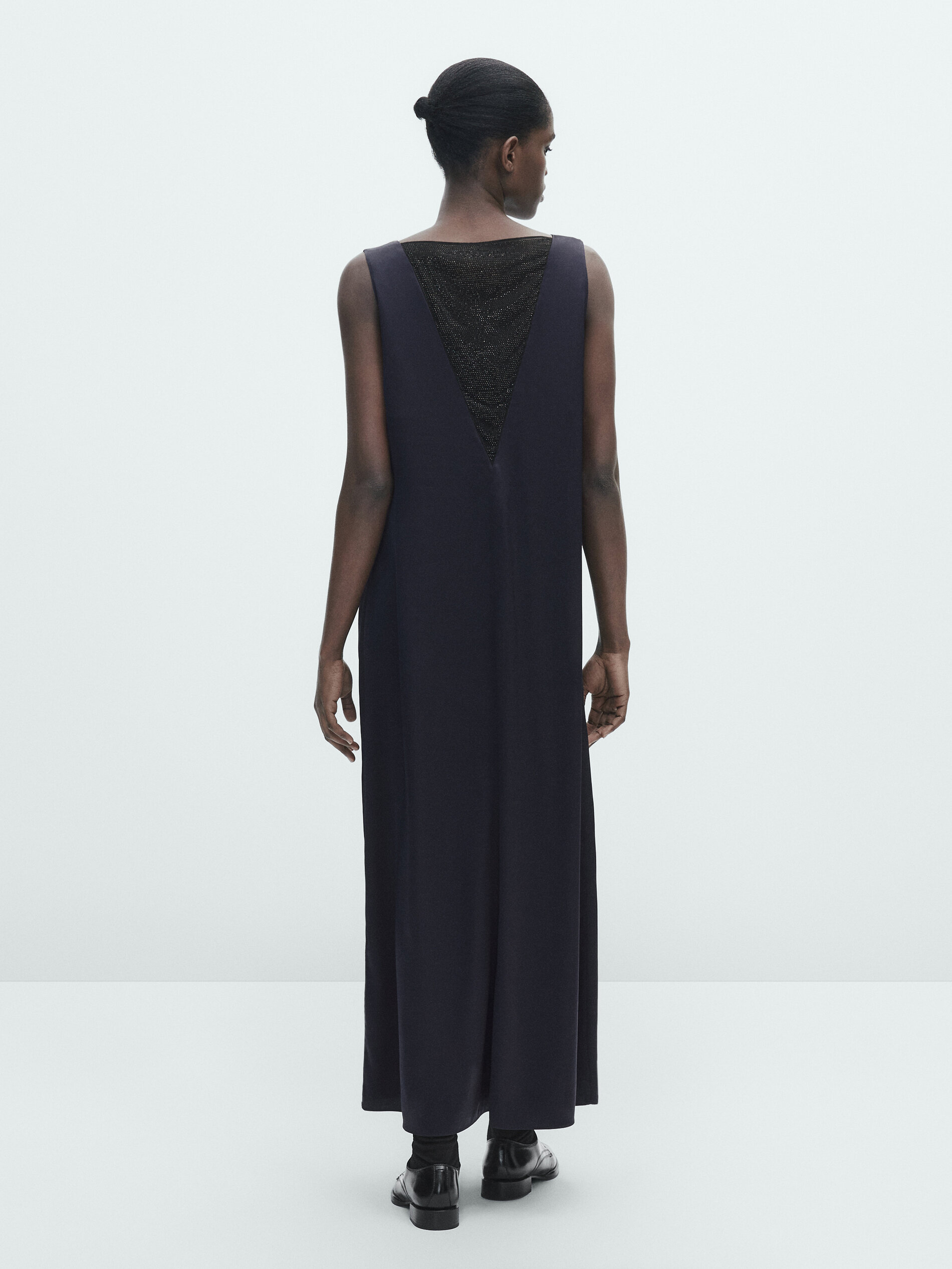 Robe longue satin e encolure brillante Bleu Sombre Robes Et