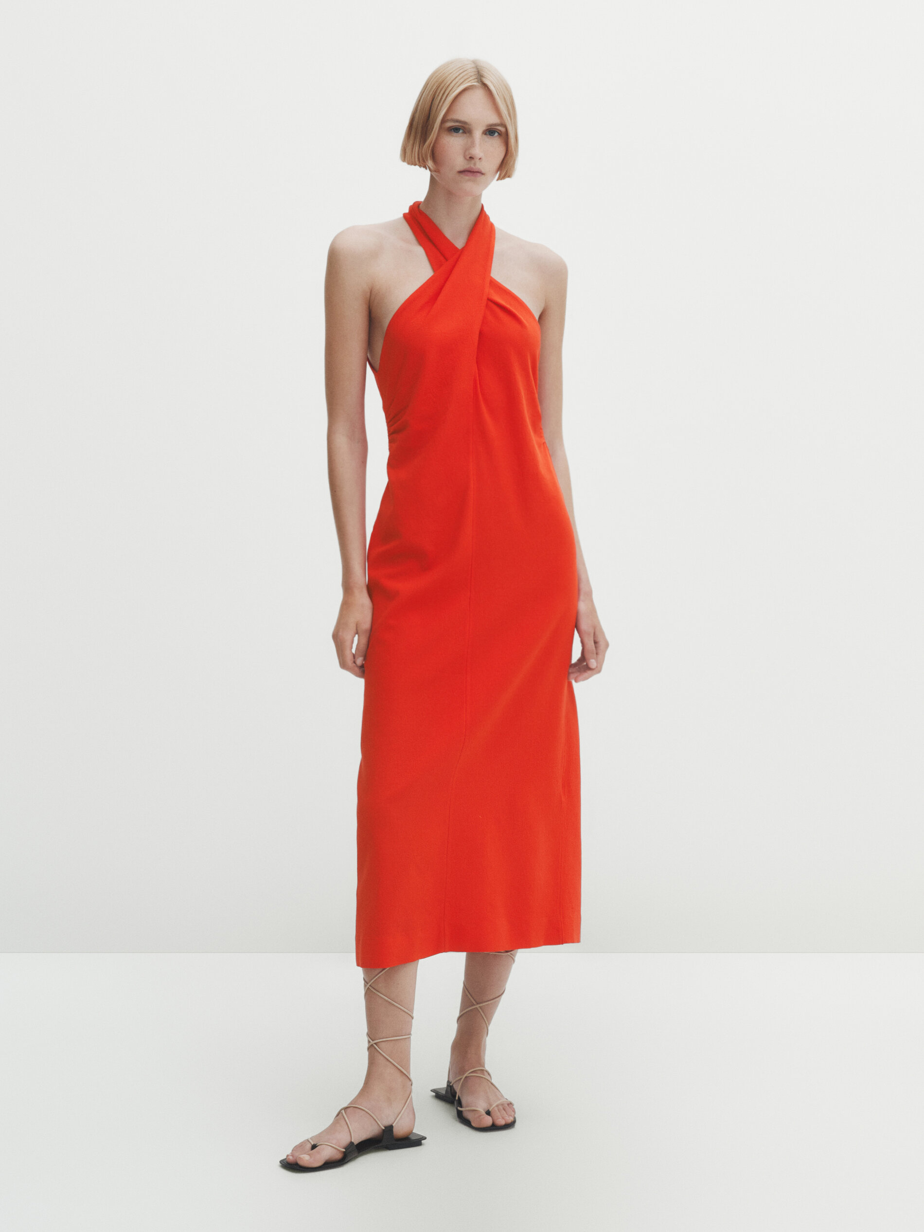 Gathered crossover halter neck dress Coral Smart Dresses And