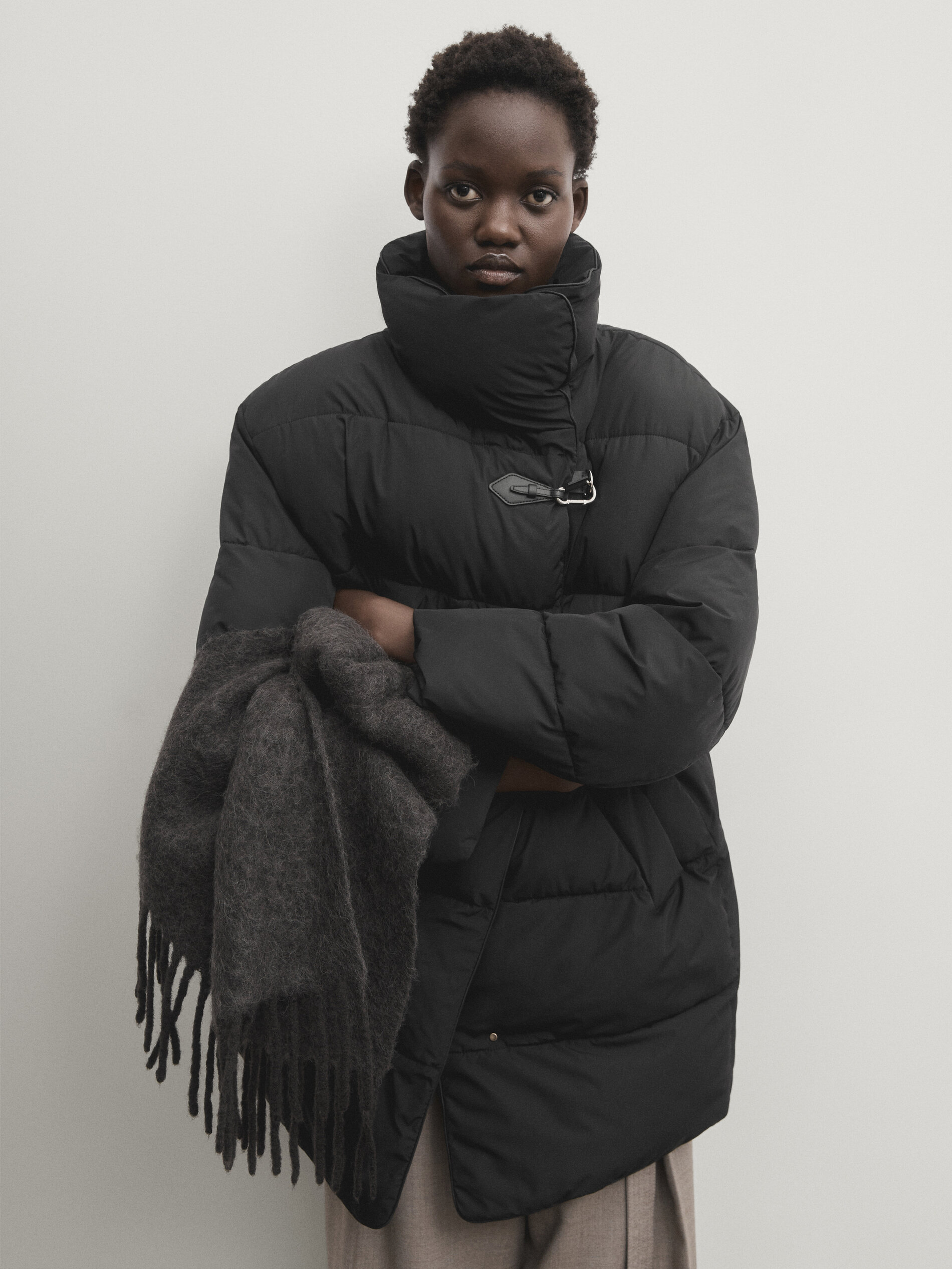 Long puffer jacket with hook detail