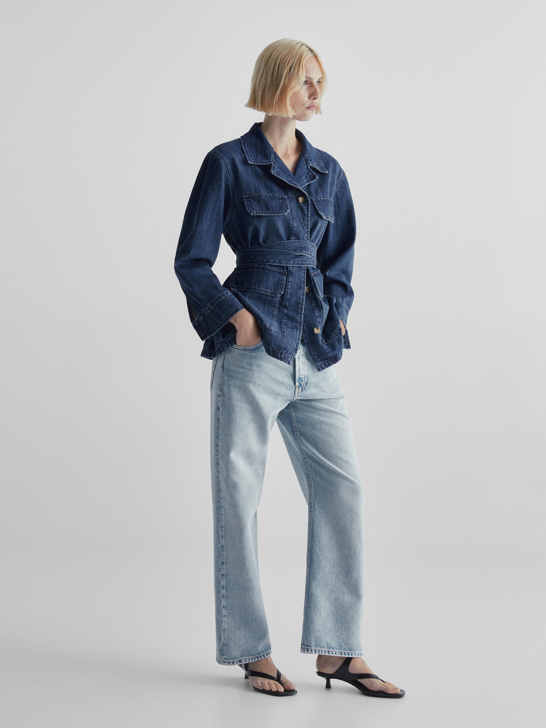 Mid wash denim jacket with belt Medium Blue Coats And Jackets