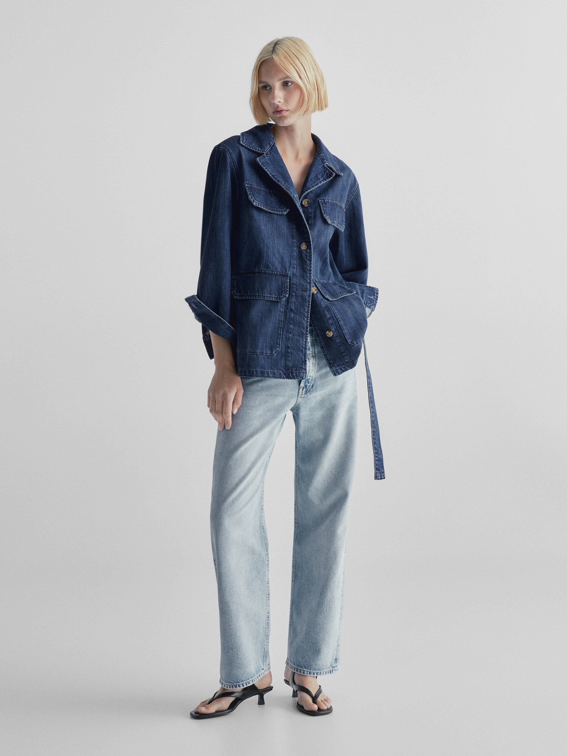 Mid wash denim jacket with belt Medium Blue Coats And Jackets