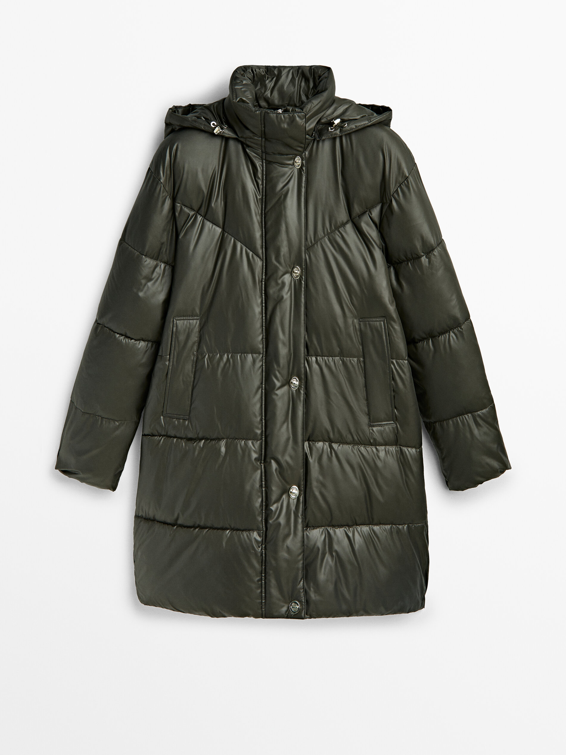 Hooded puffer jacket with gold buttons