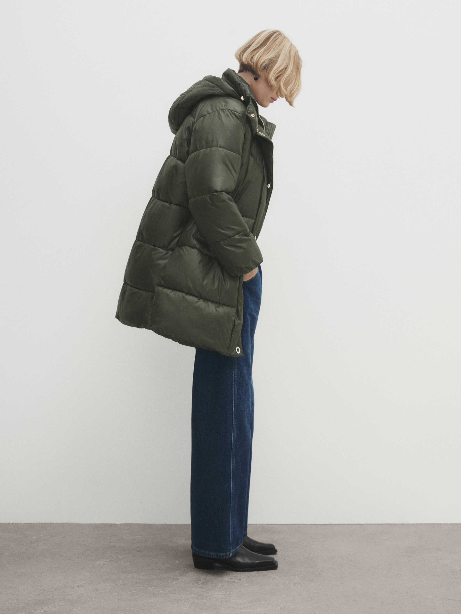 Hooded puffer jacket with gold buttons Khaki Coats And Jackets