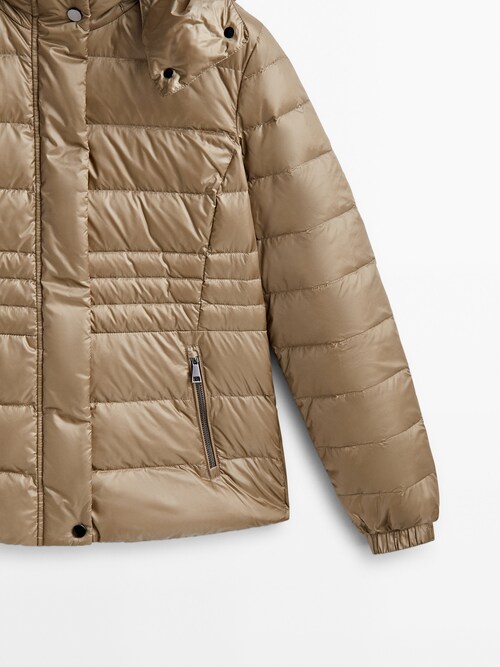 Massimo Dutti - - Hooded Down and Feather Puffer Jacket - Camel - XL