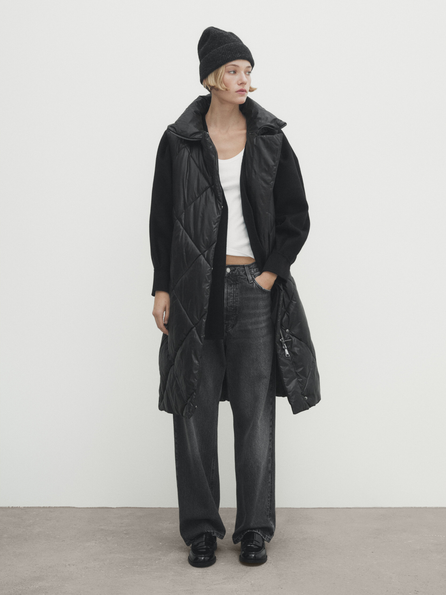 Long high neck puffer gilet