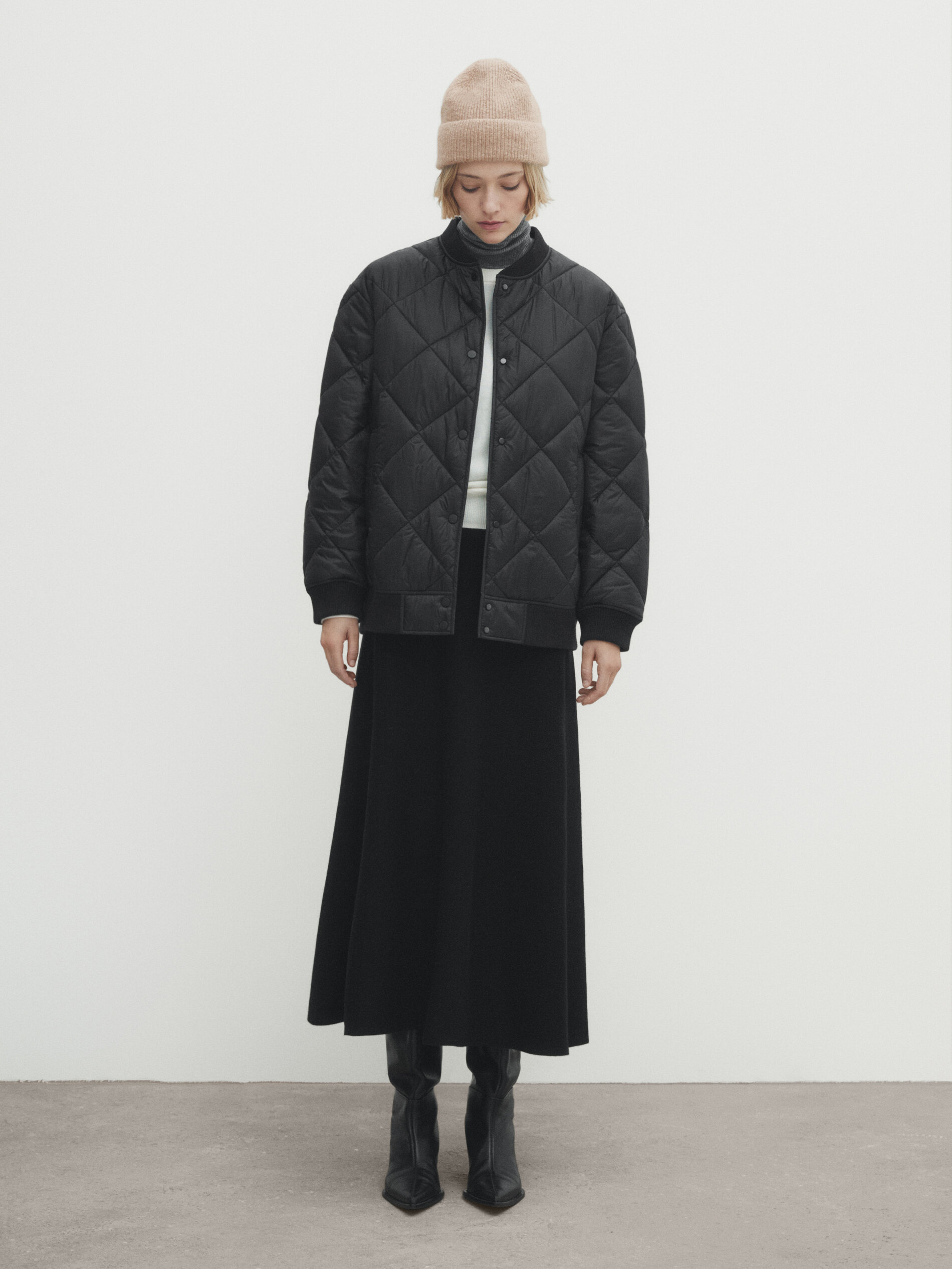 Quilted diamond pattern bomber jacket Black Coats And Jackets