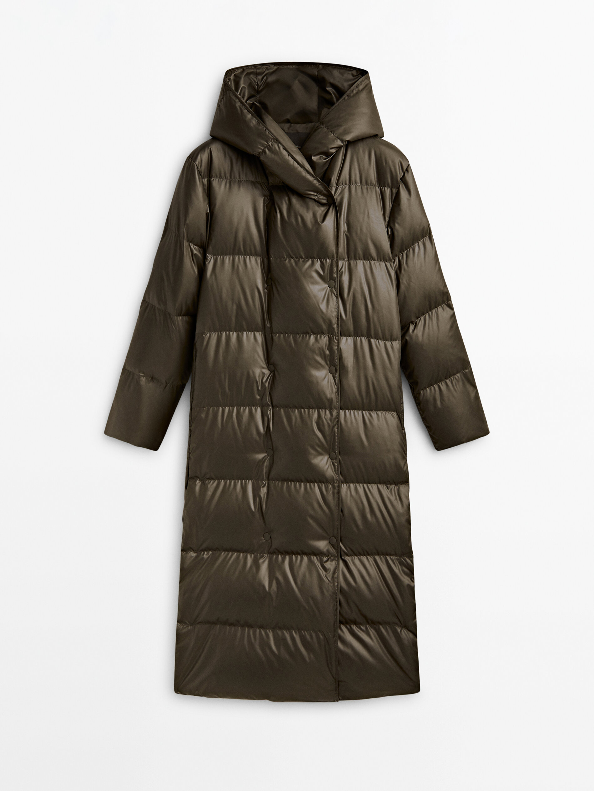 Long hooded jacket with down and feather padding