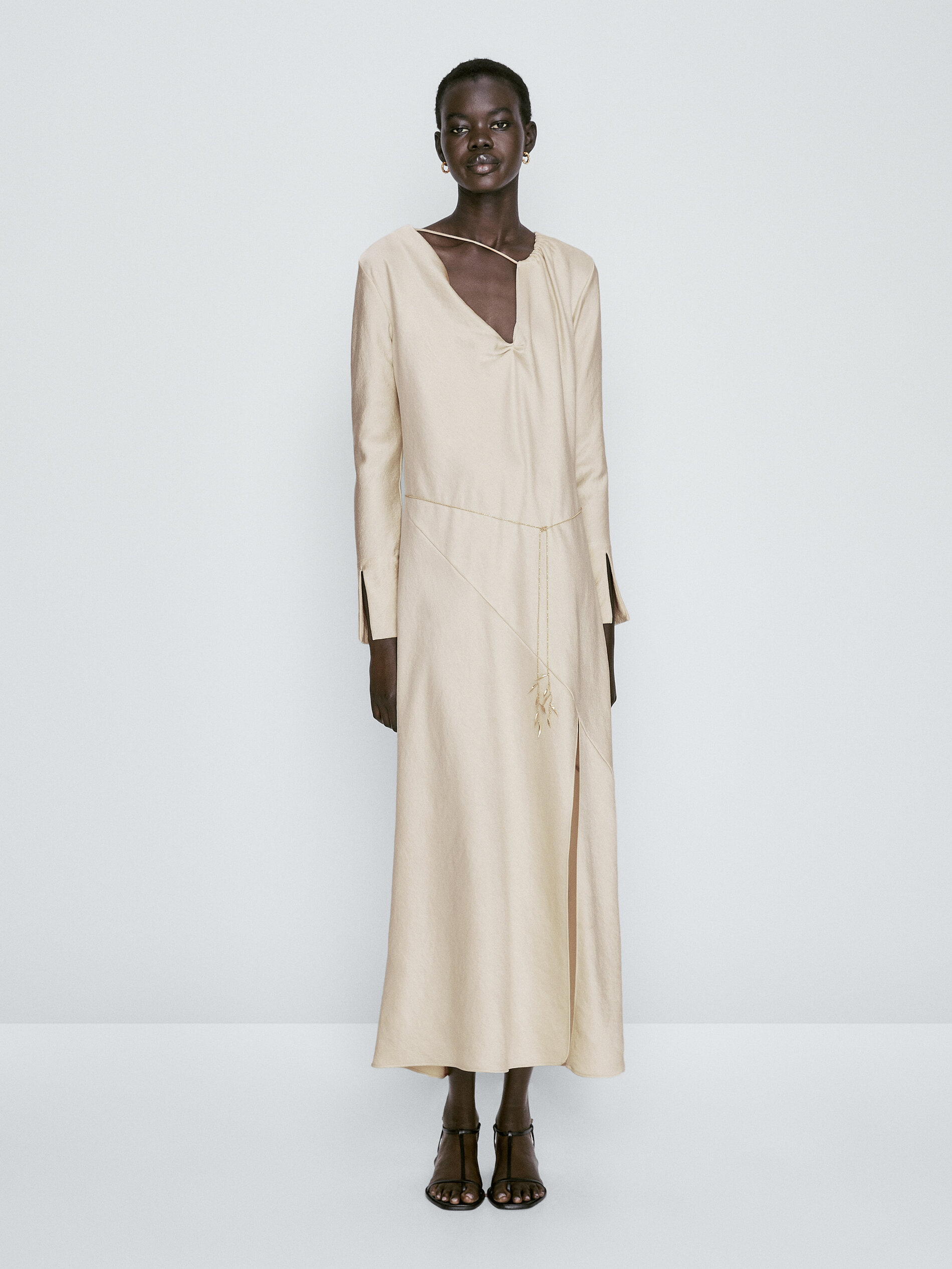 Long satin dress with cut out detail Champagne Smart Dresses