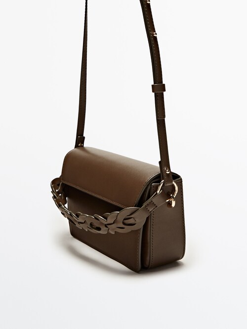 Leather crossbody bag with interwoven strap · Khaki, Leather