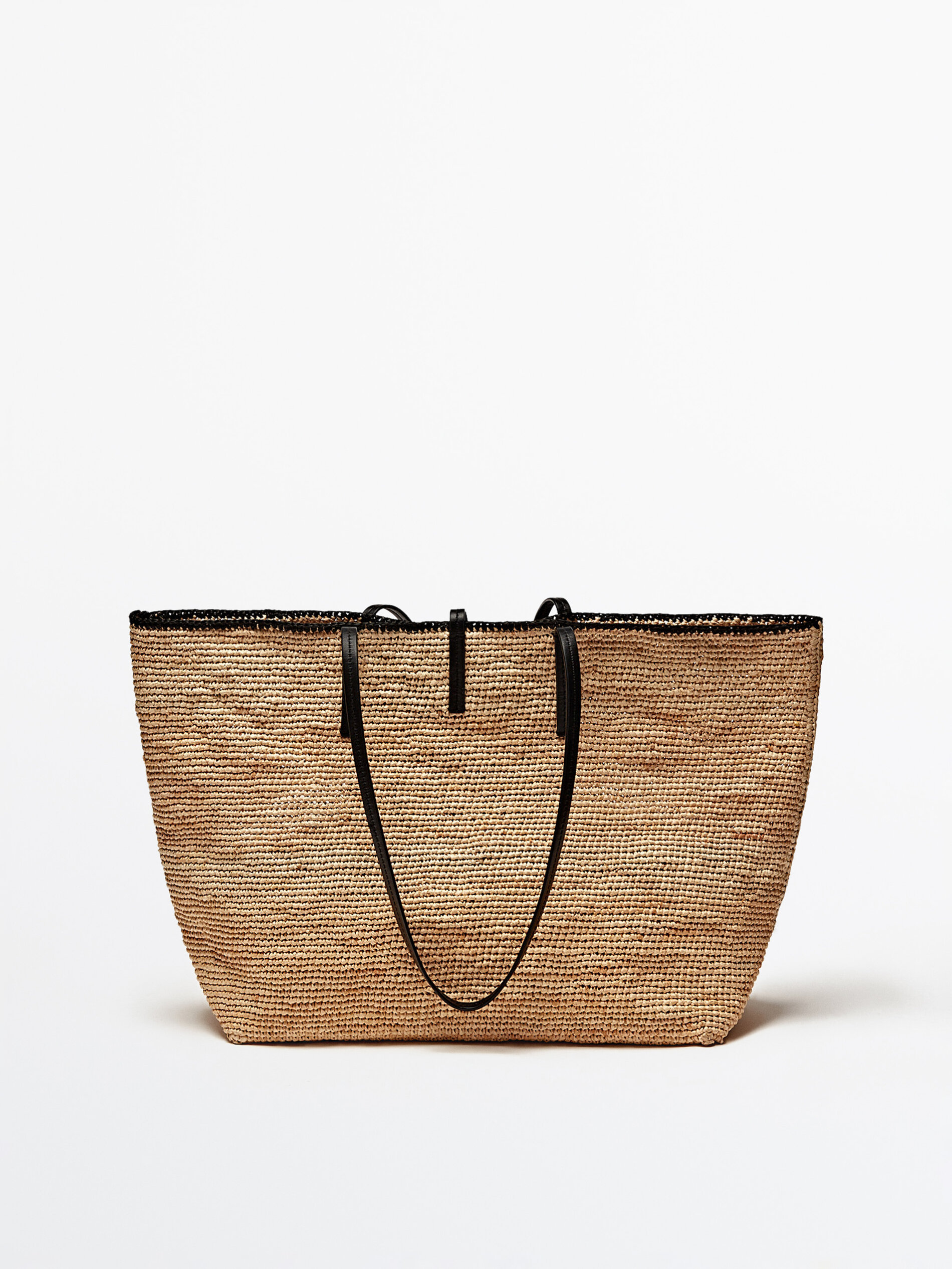 Bolso shopper rafia asas piel Beige Accesorios Massimo Dutti