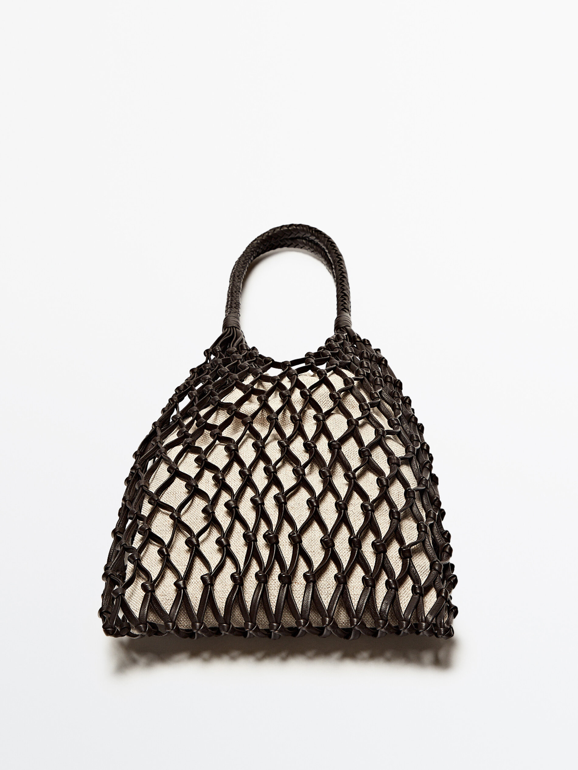 Nappa leather mesh bag linen pouch Brown White Black