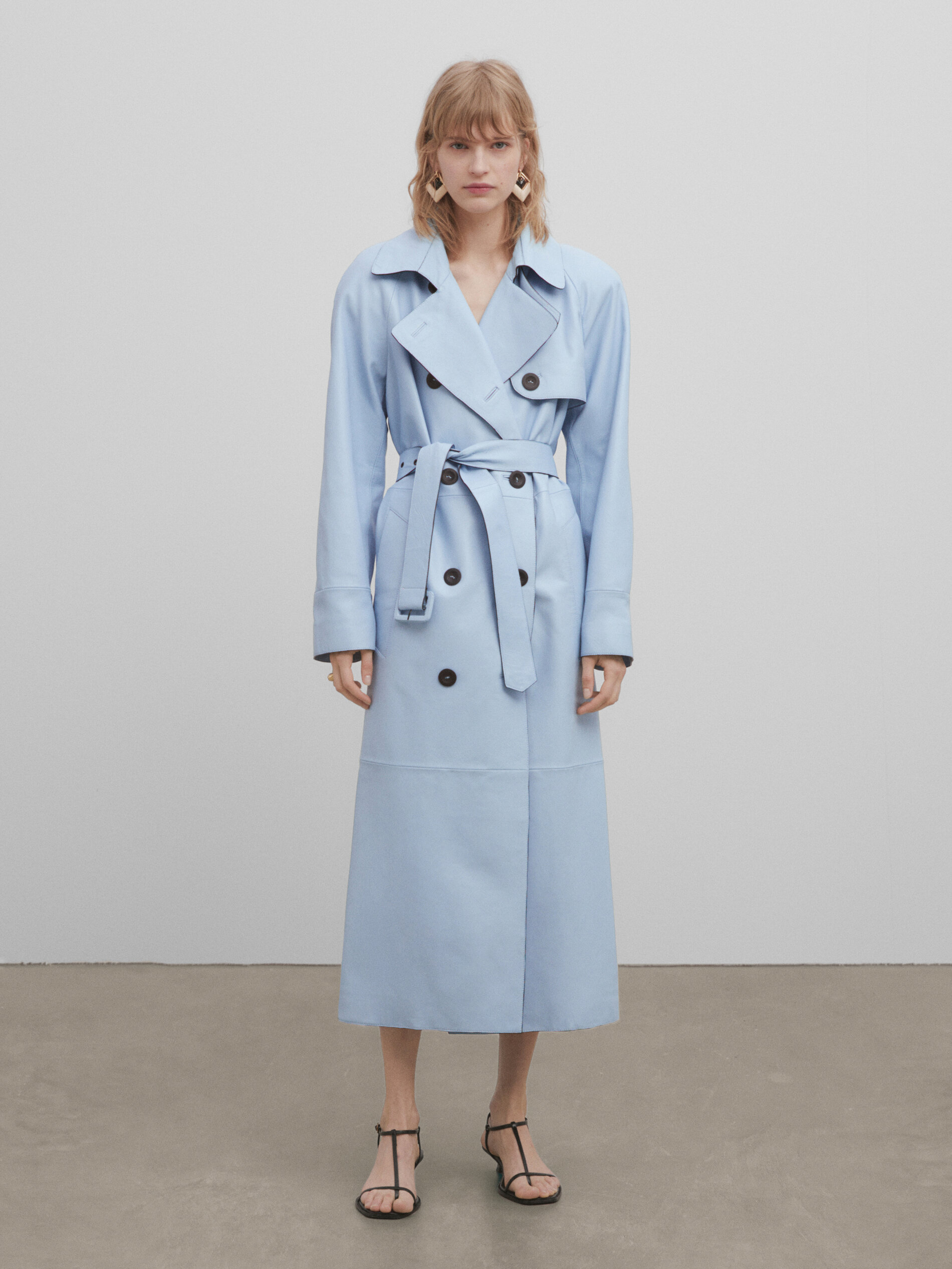 Nappa leather trench style coat with belt Studio Sky Blue