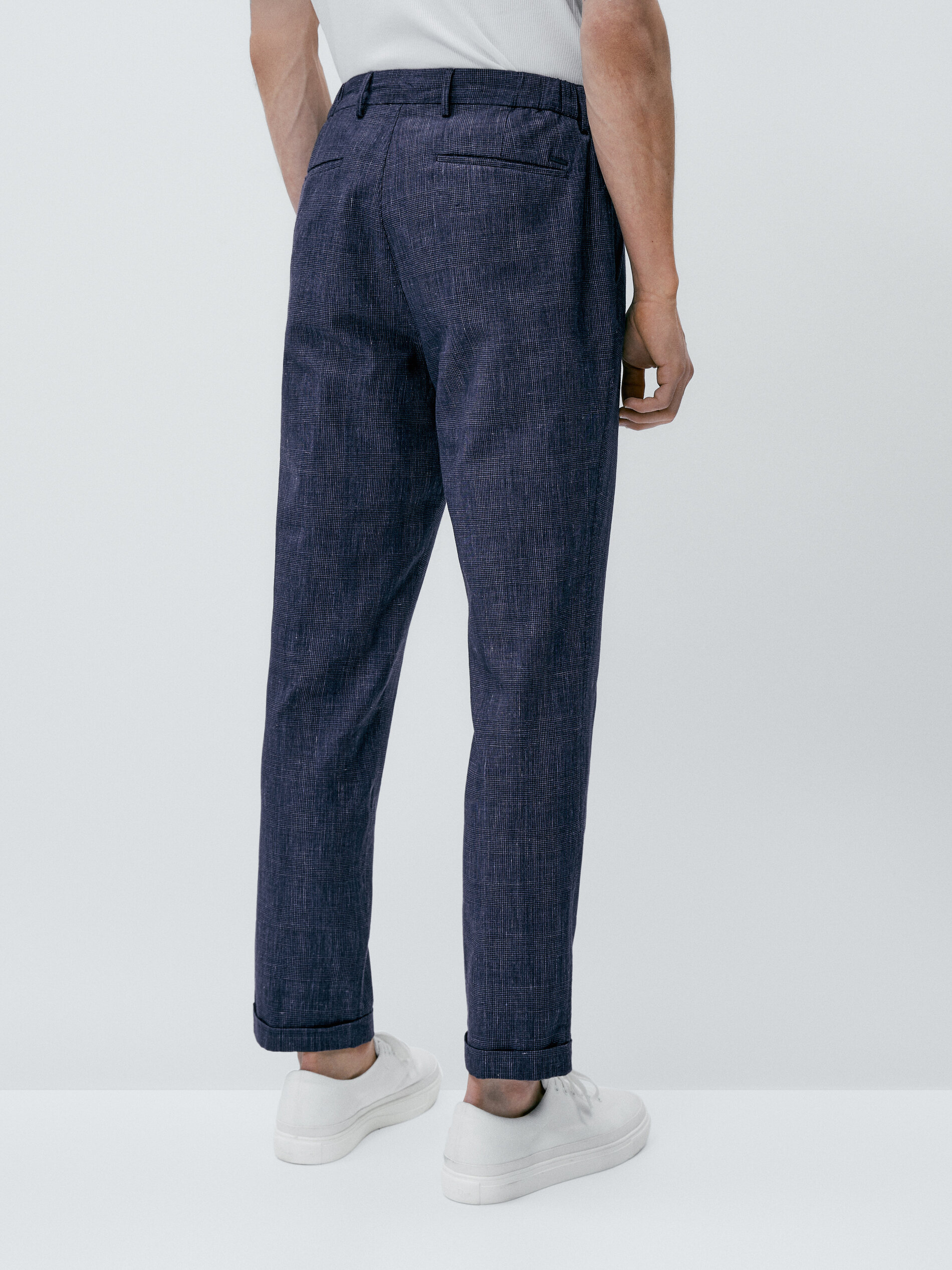Check linen blend jogger fit chino trousers Navy Blue Beige